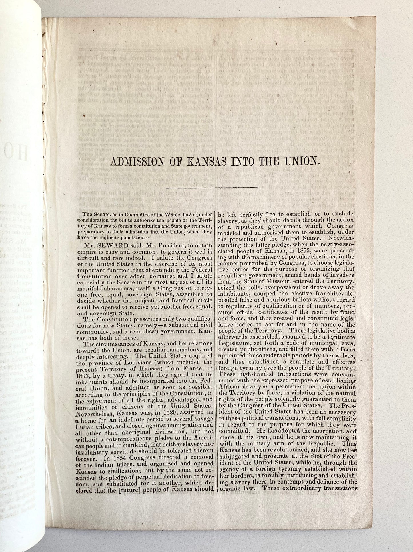 1856 SLAVERY & KANSAS. William H. Seward Urges Immediate Statehood for Non-Slave Kansas.