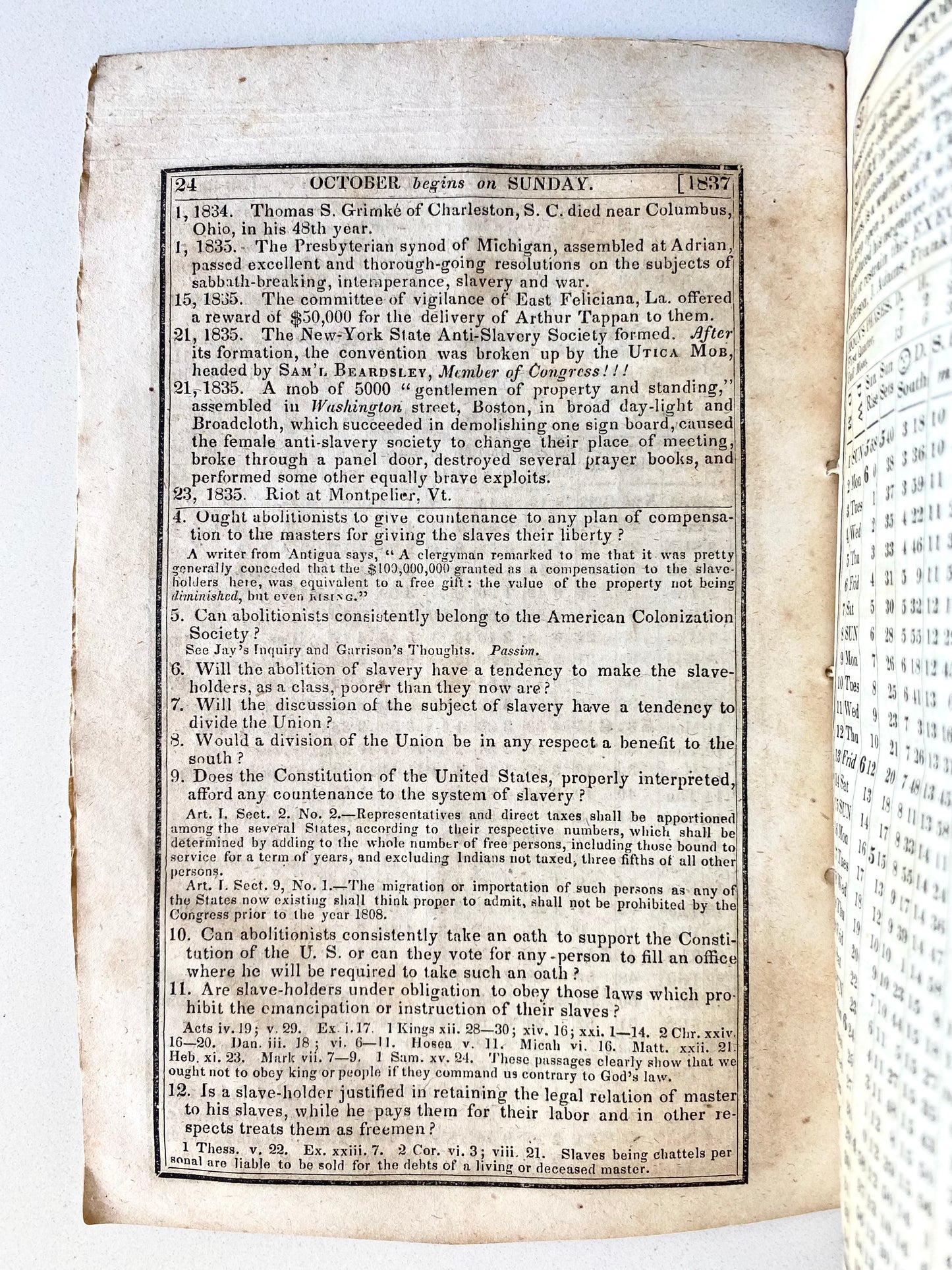 1836 ANTI-SLAVERY ALMANAC. Heartbreaking Story & Woodcut of Slave Mother Killing Her Children to Protect them from Sale.