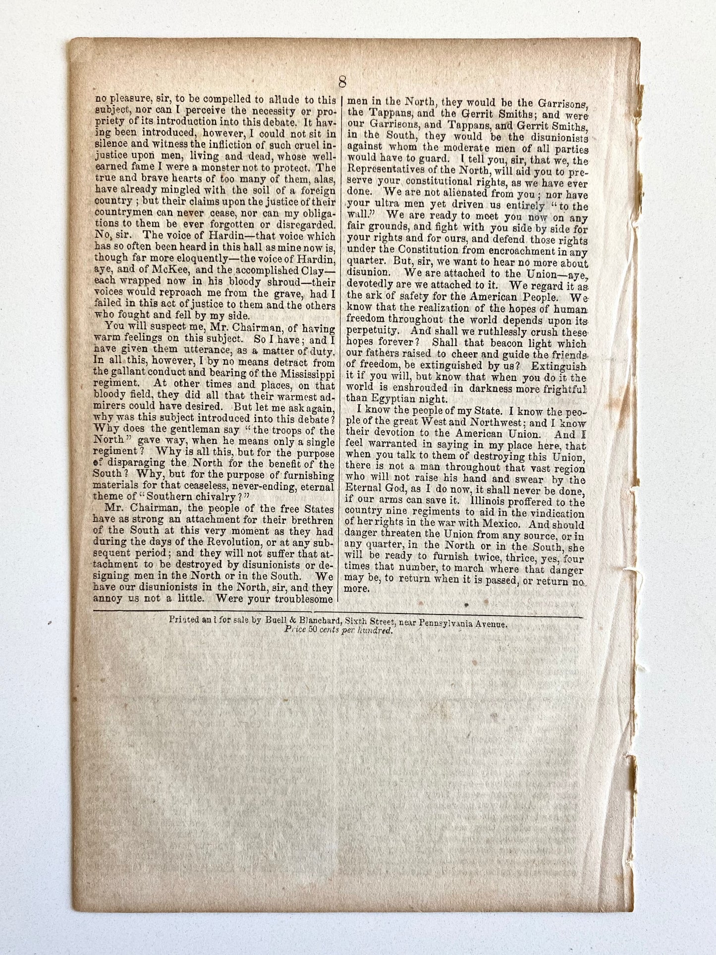 1850 A DUEL OVER SLAVERY! Wm. H. Bissell Delivers a Blistering Anti-Confederate and Slavery Speech.