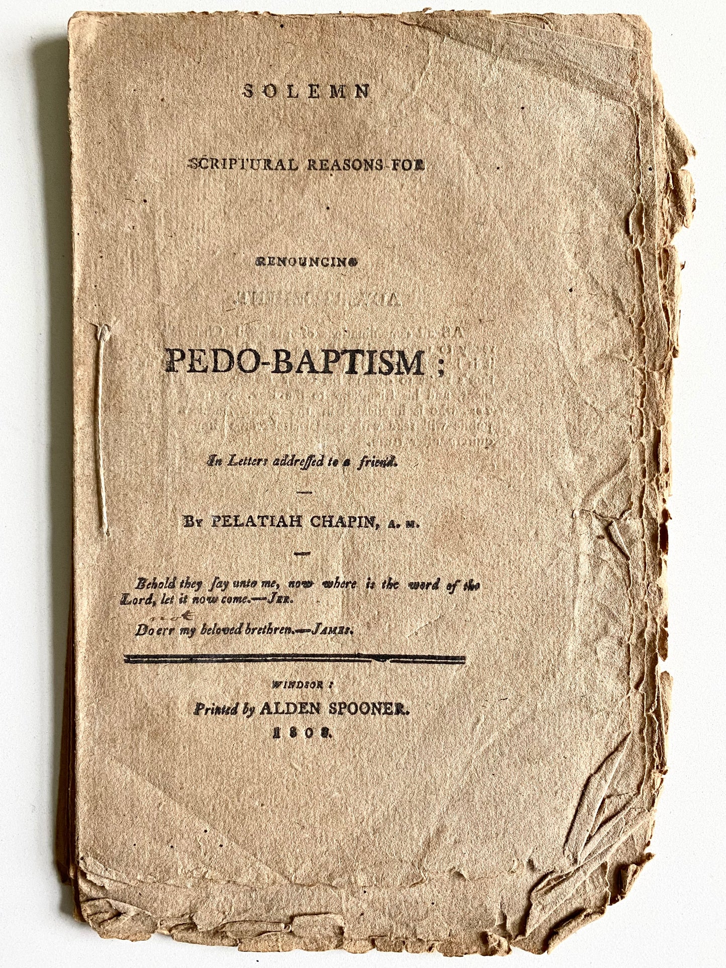 1808 PELATIAH CHAPIN. Important Early American Baptist Work on Believer's Immersion.