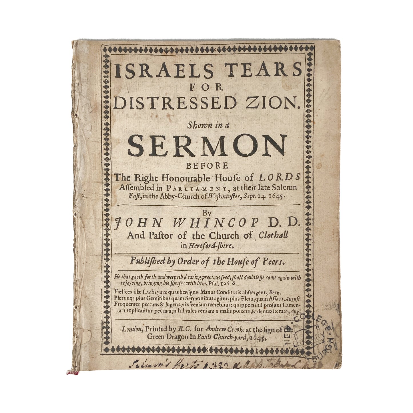 1645 JOHN WHINCOP. Israel's Tears for Distressed Zion. Godly Sorrow for a Broken World.