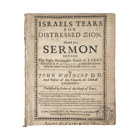 1645 JOHN WHINCOP. Israel's Tears for Distressed Zion. Godly Sorrow for a Broken World.