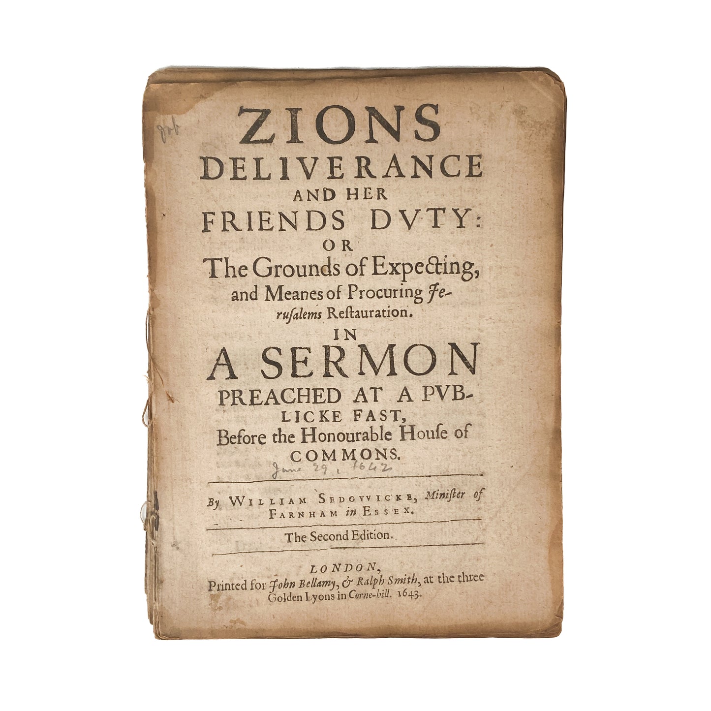 1643 WILLIAM SEDGWICK. Radical Millenarian Puritan - Seeker on the Spiritual Revival of God's Jerusalem.