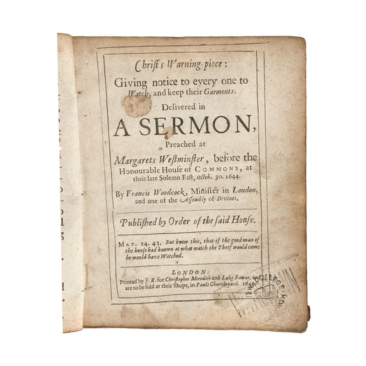 1644 FRANCIS WOODCOCK. Puritan Warning of Christ's Coming "As Thief" to Judgment.