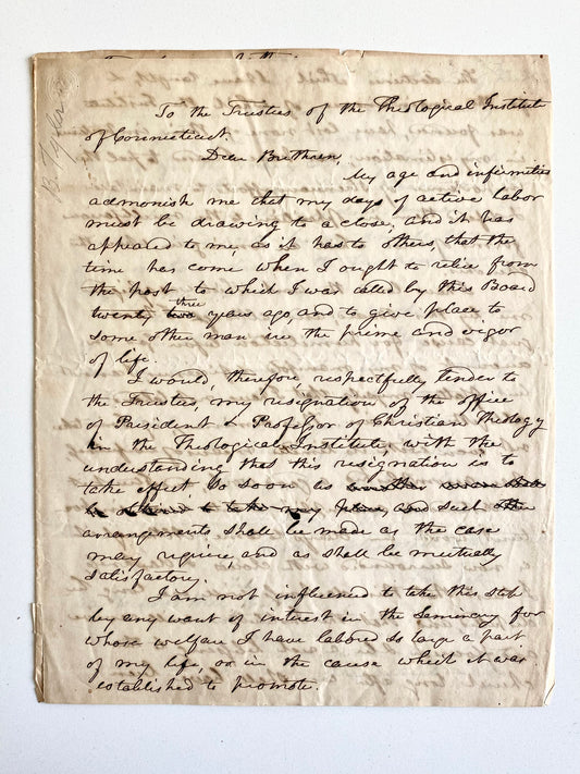 1856 BENNET TYLER. Manuscript Resignation from Theological Institute of Connecticut. Superb!