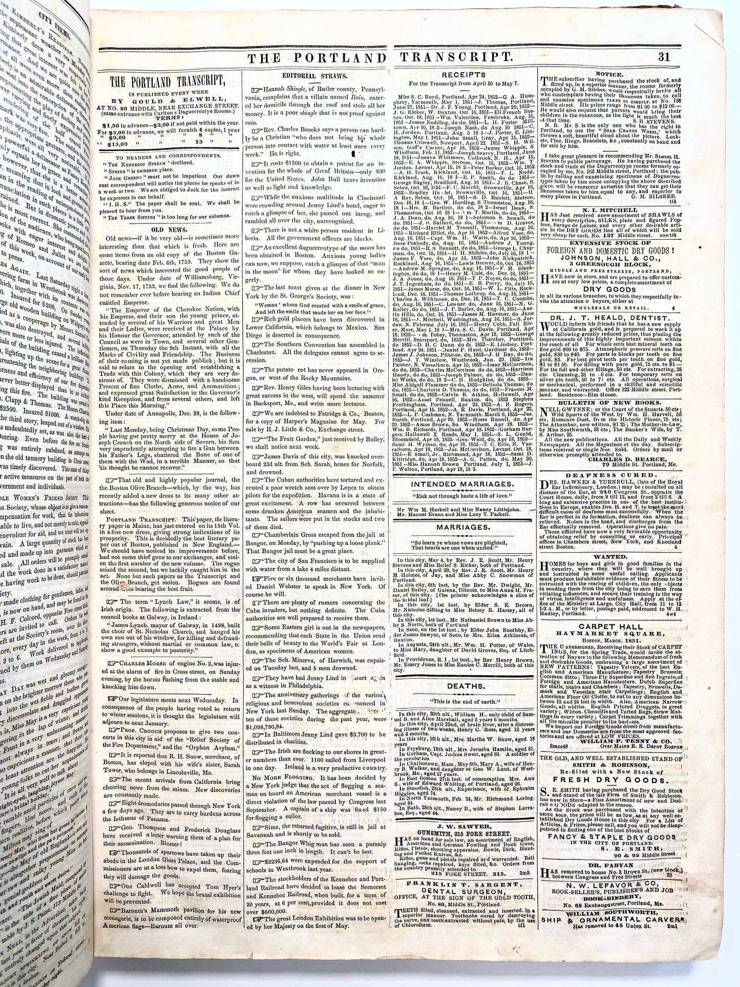 1851 PORTLAND TRANSCRIPT NEWSPAPER. Mormonism, Negros, P. T. Barnum, Spirit Rapping & Ghosts, etc.