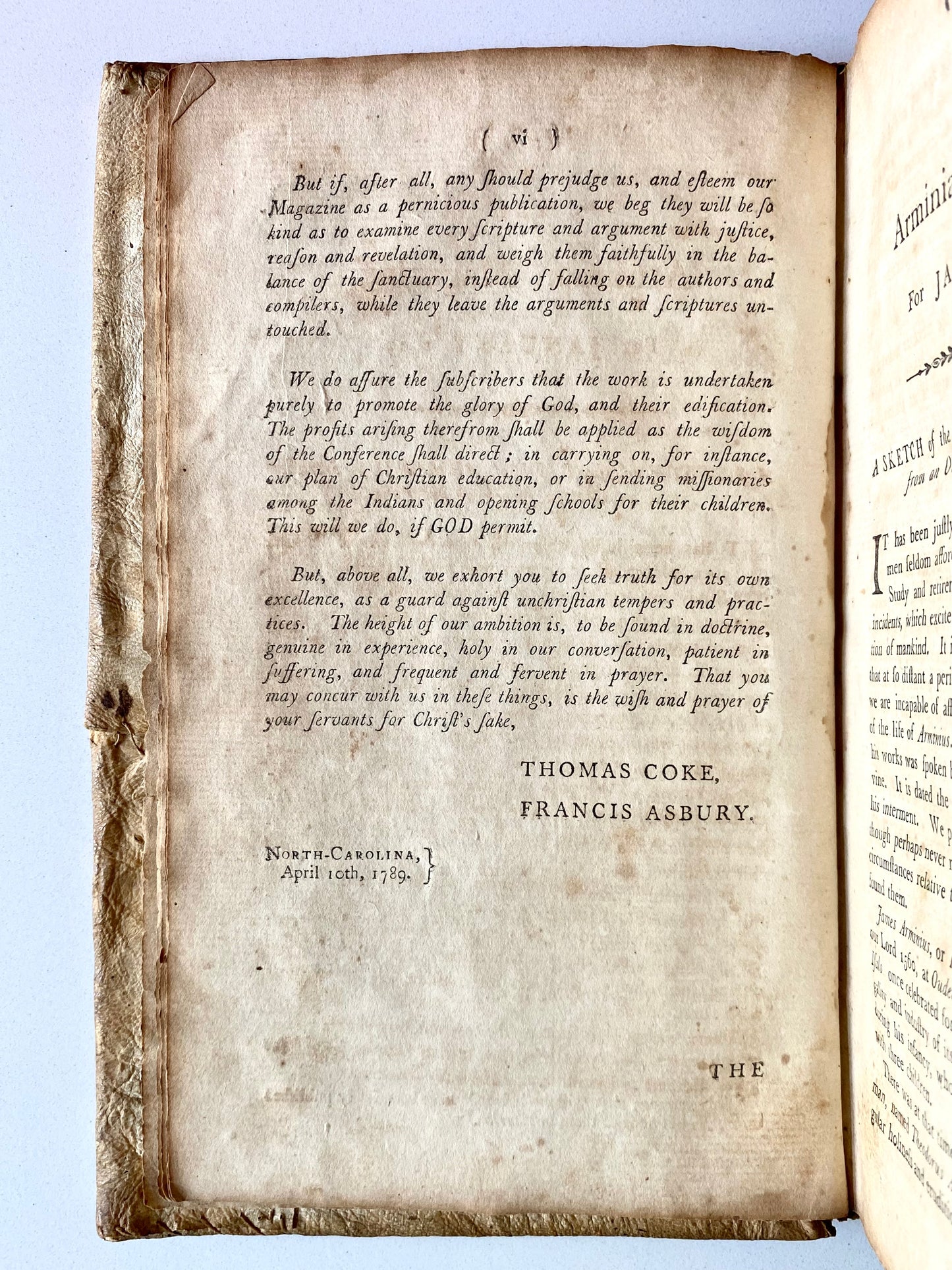 1789 FRANCIS ASBURY & THOMAS COKE. Scarce First Year of American "Arminian Magazine" in Deer Skin Binding with Superb Provenance.