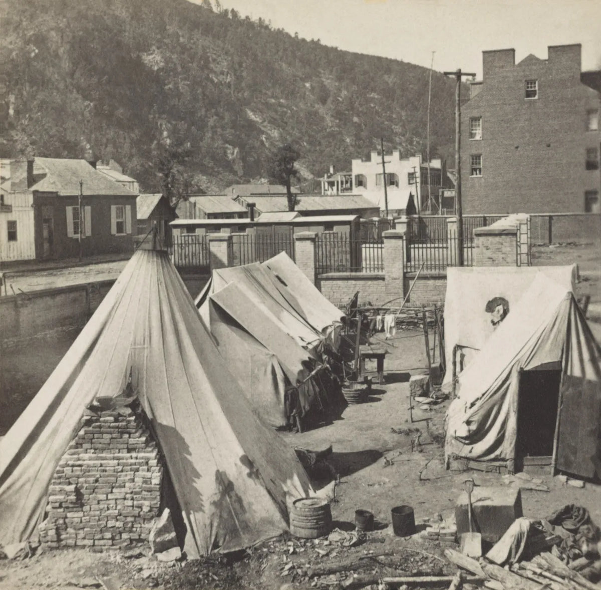1861-63 CONTRABAND ENCAMPMENT. Undocumented First-Hand Watercolor of Freed Slave Camp.