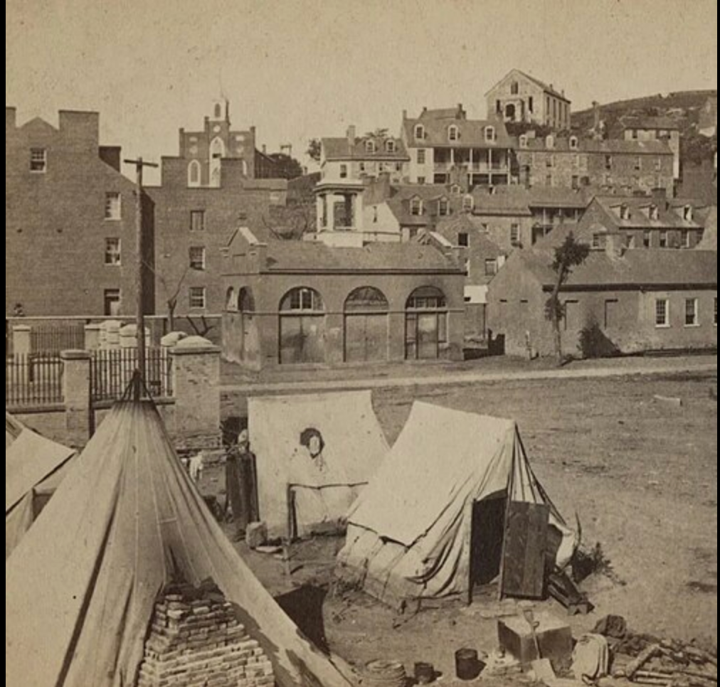 1861-63 CONTRABAND ENCAMPMENT. Undocumented First-Hand Watercolor of Freed Slave Camp.