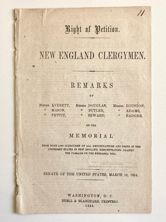 1854 3,000 CLERGY RESIST SLAVERY EXPANSION. Rare Clergy Petition against Catastrophic "Nebraska Bill."