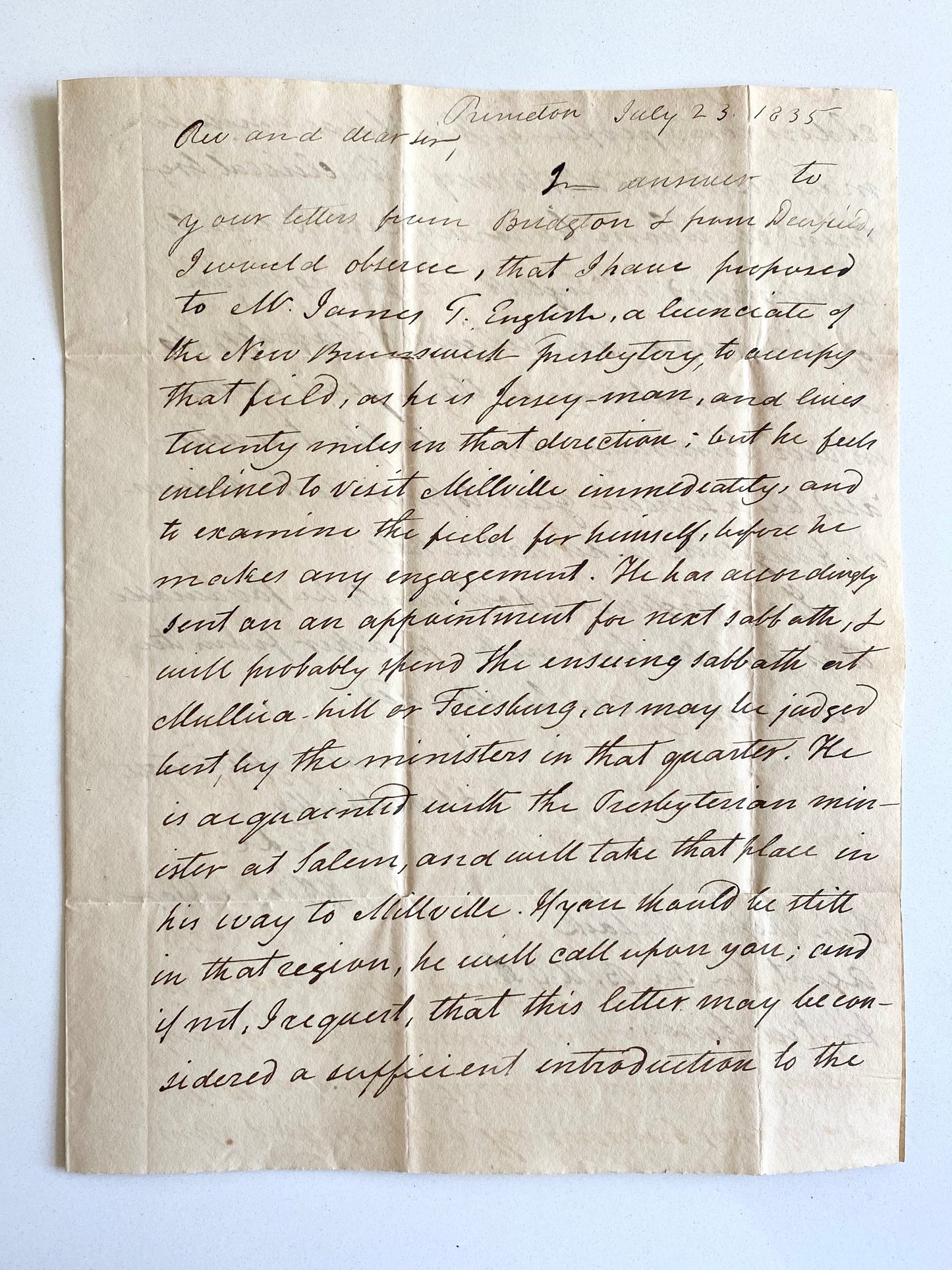 1835 ARCHIBALD ALEXANDER. Letter of Placement for a Young Princeton - Presbyterian Divine.