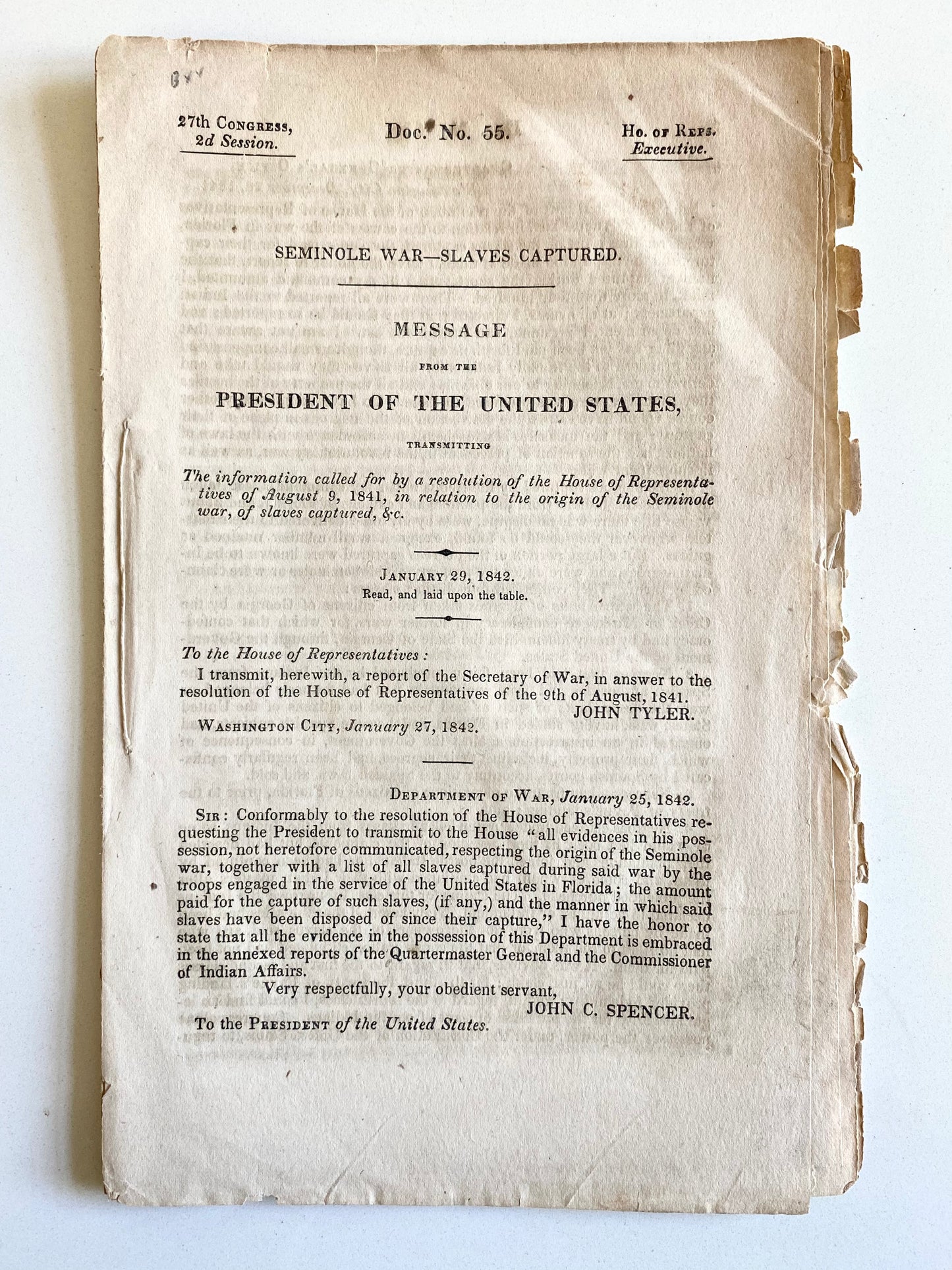 1842 SEMINOLE WAR & SLAVERY. Federal Report of Seminole War and "Re-Capture" of Slaves Held by the Seminole People.