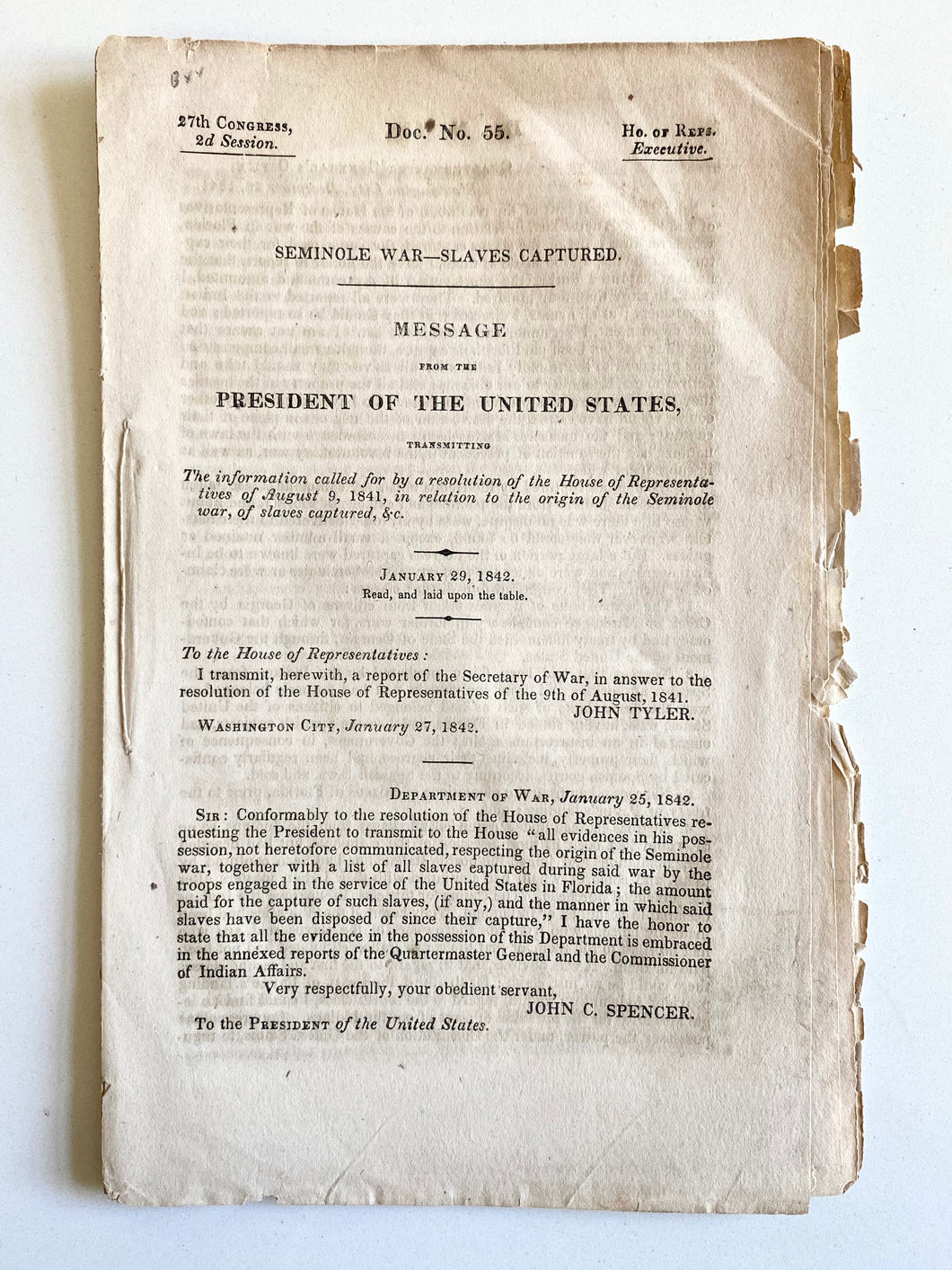 1842 SEMINOLE WAR & SLAVERY. Federal Report of Seminole War and 