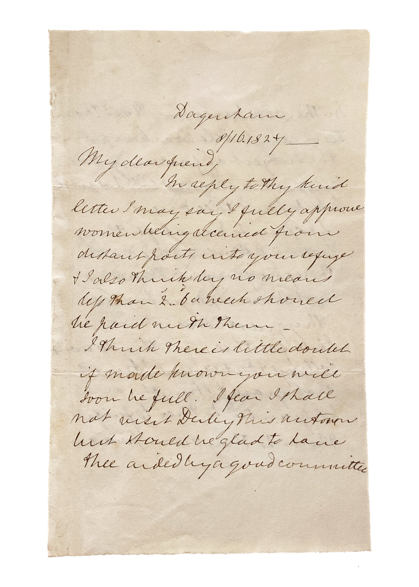 1827 ELIZABETH FRY. Letter to Lady Derby Re: House of Refuge for Prostitutes, Female Prisoners.