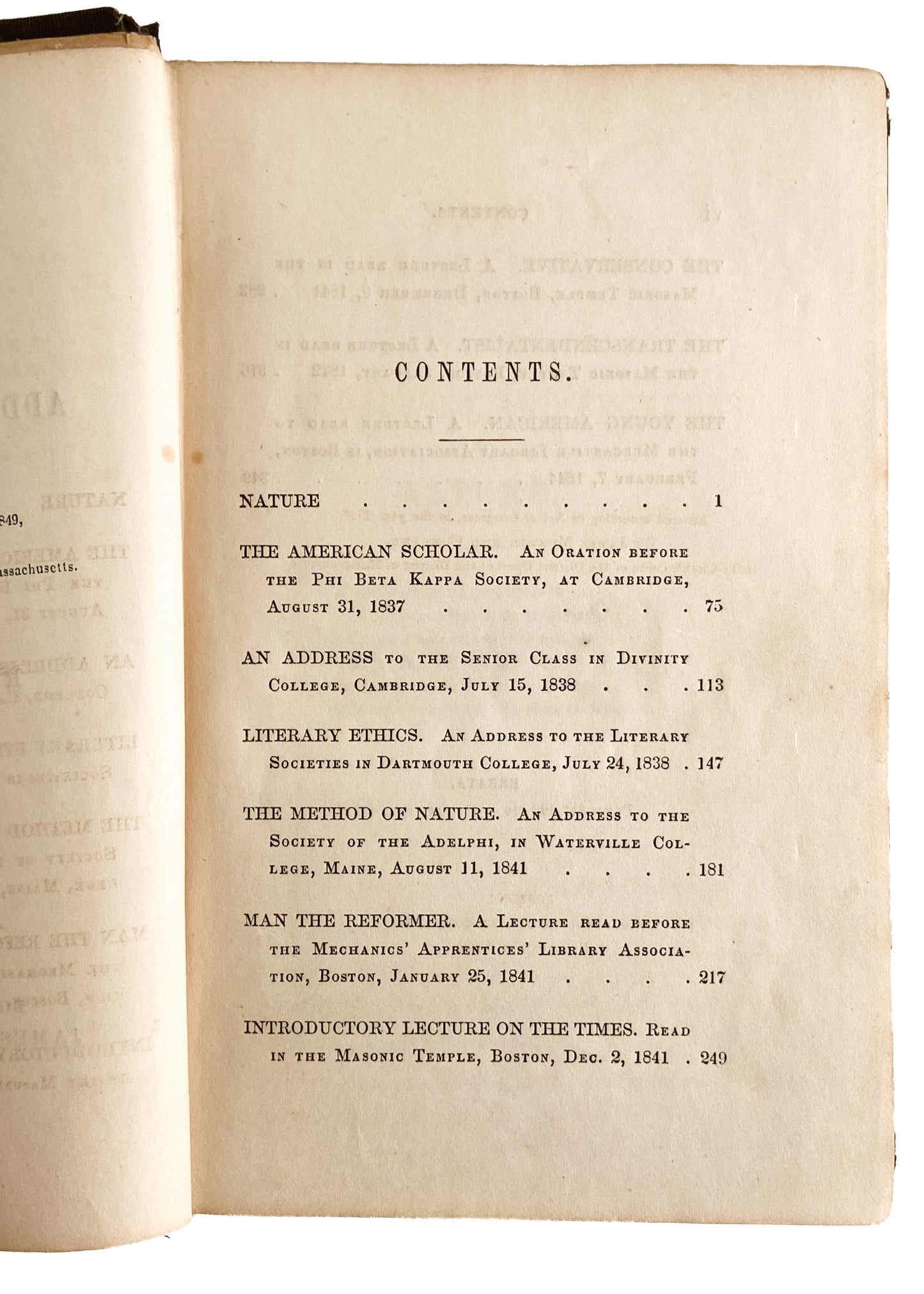 1849 RALPH WALDO EMERSON. Lectures and Addresses on Nature. First Edition with Superb Provenance.