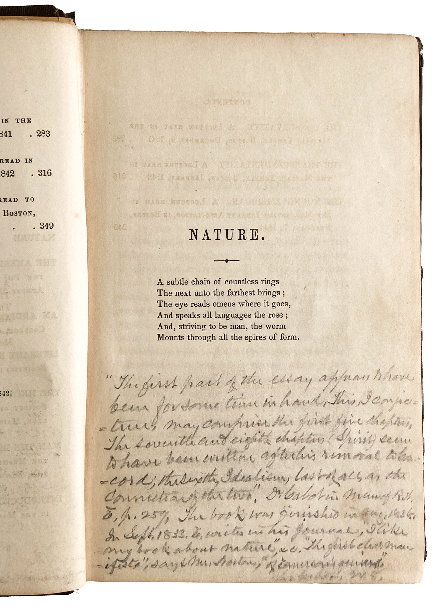 1849 RALPH WALDO EMERSON. Lectures and Addresses on Nature. First Edition with Superb Provenance.