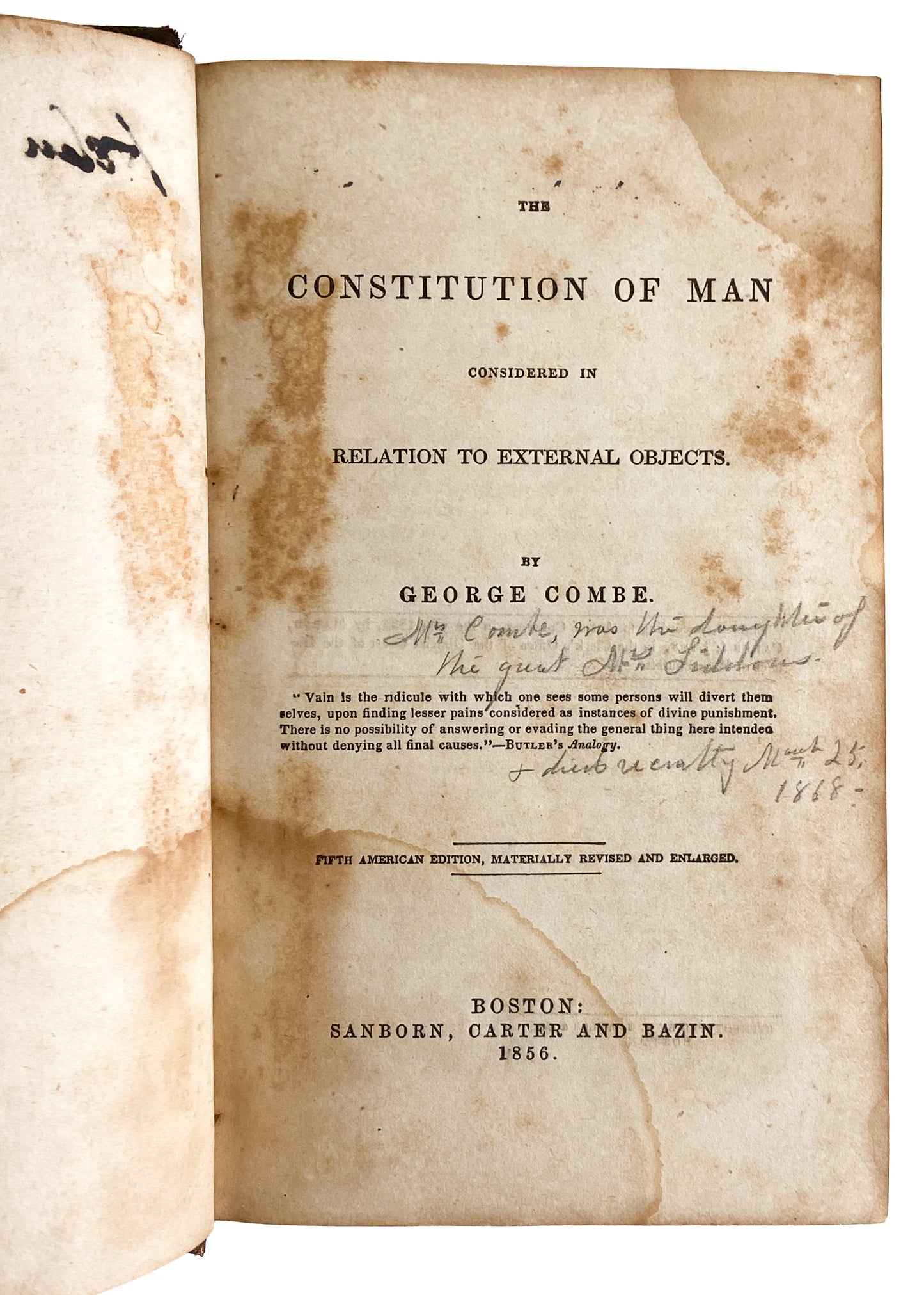 1856 PHRENOLOGY & MORAL REFORM. George Combe on the Constitution of Man and Means of Improvement.