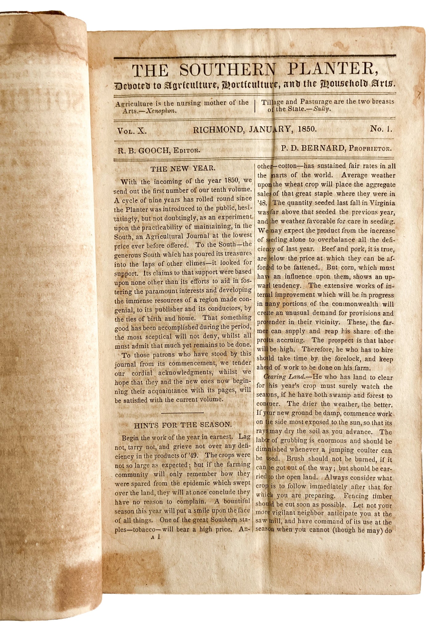 1850 SOUTHERN PLANTER. Important Virginia Tobacco Plantation Periodical. Slavery, Farm Innovation, etc.,