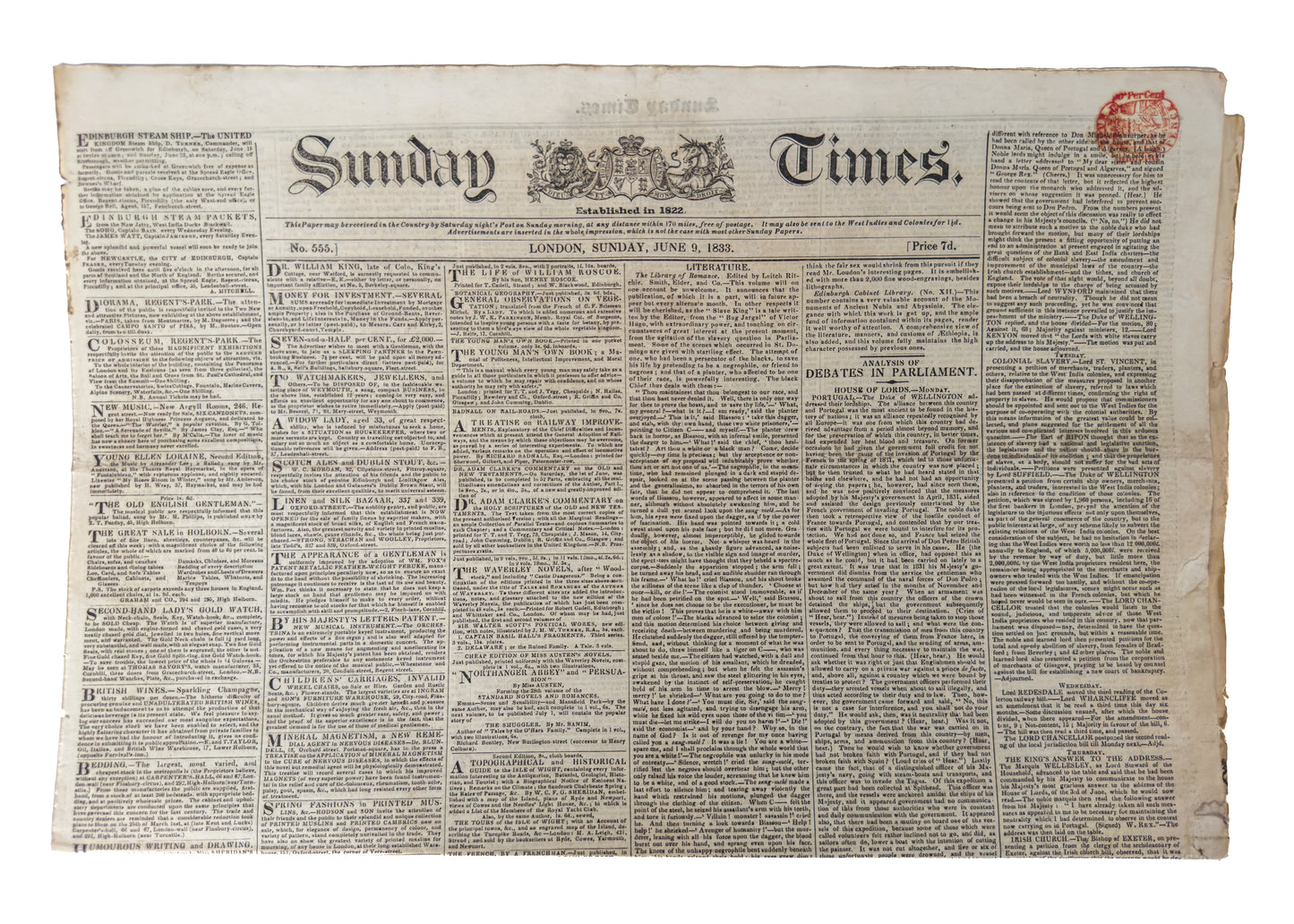 1833 SUNDAY TIMES. Passage of Wilberforce's Slavery Abolition Act; Wilberforce Obituary; Extensive Slavery Content.