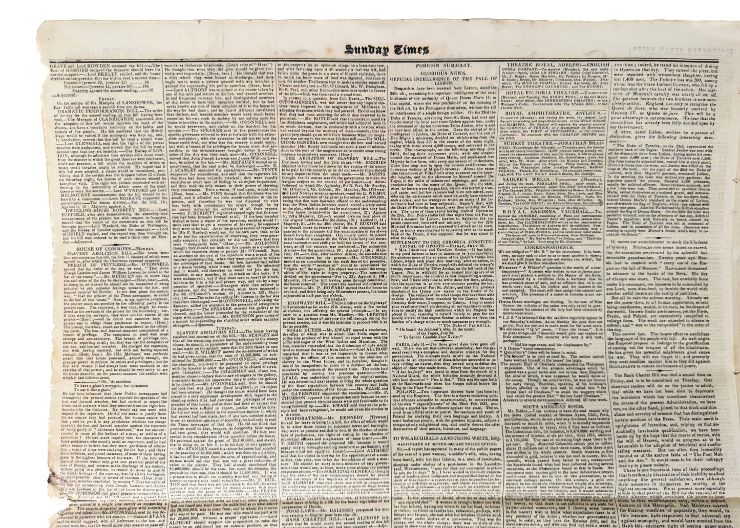 1833 SUNDAY TIMES. Passage of Wilberforce's Slavery Abolition Act; Wilberforce Obituary; Extensive Slavery Content.