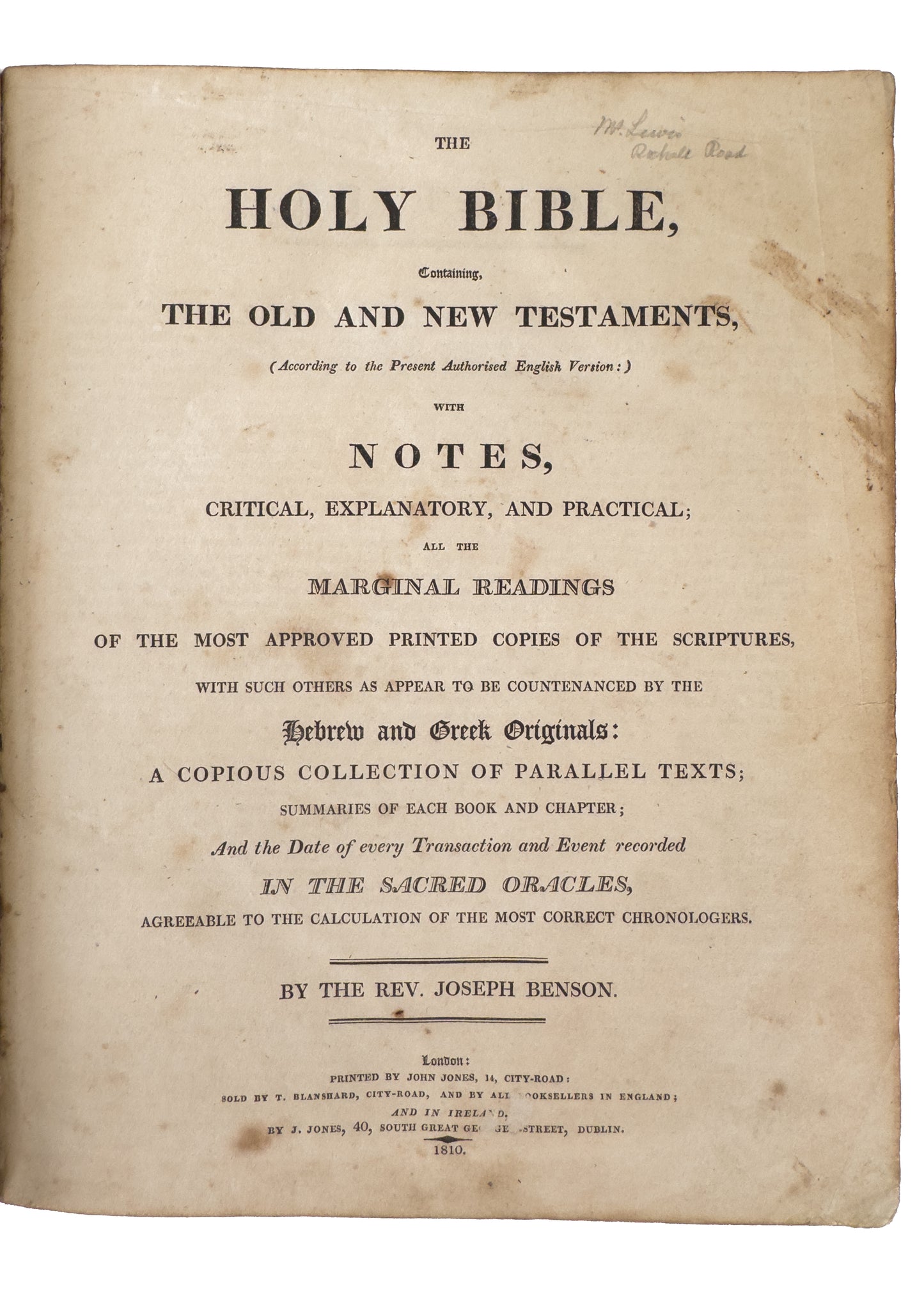 1810 METHODIST - JOSEPH BENSON. Commentary on the Holy Bible in Four Volumes.