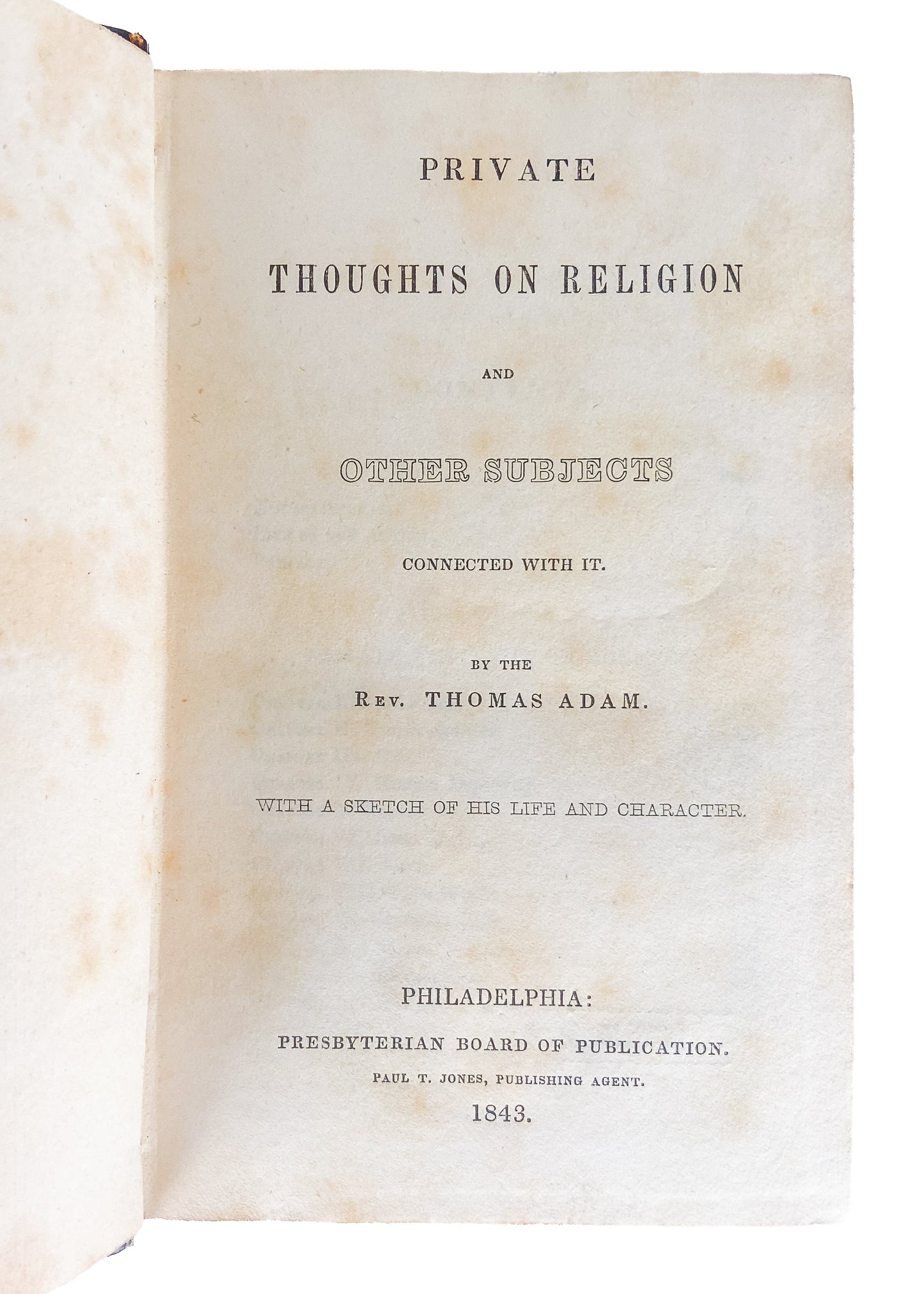 1843 THOMAS ADAM. Robert Murray M'Cheyne Recommended "Private Thoughts on Religion."