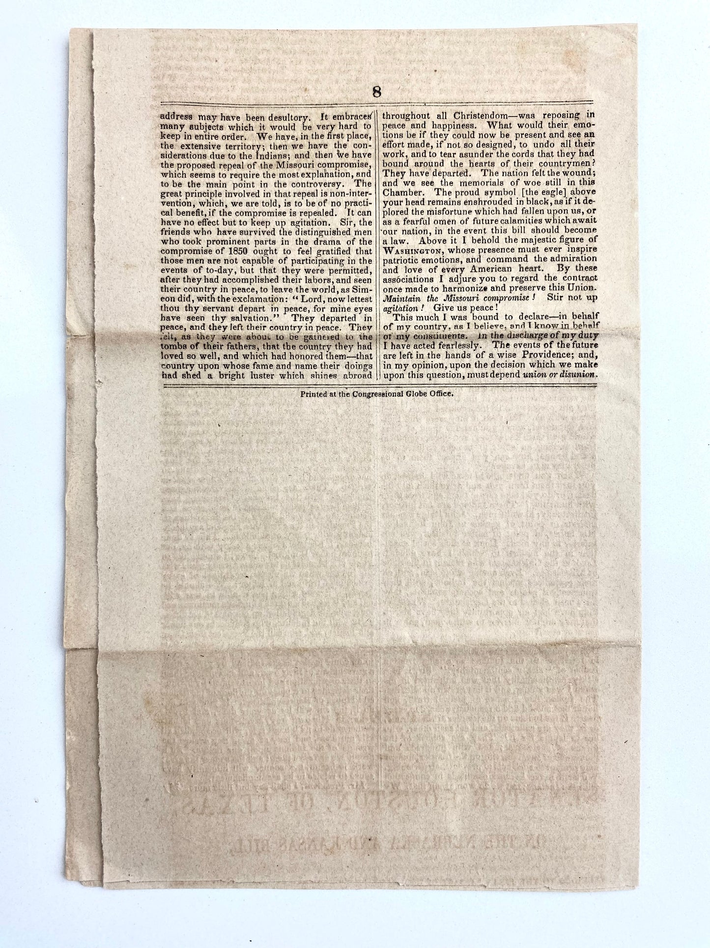 1854 SAM HOUSTON on Slavery. Important Speech by Texas Senator, Sam Houston on Nebraska & Kansas Bill.