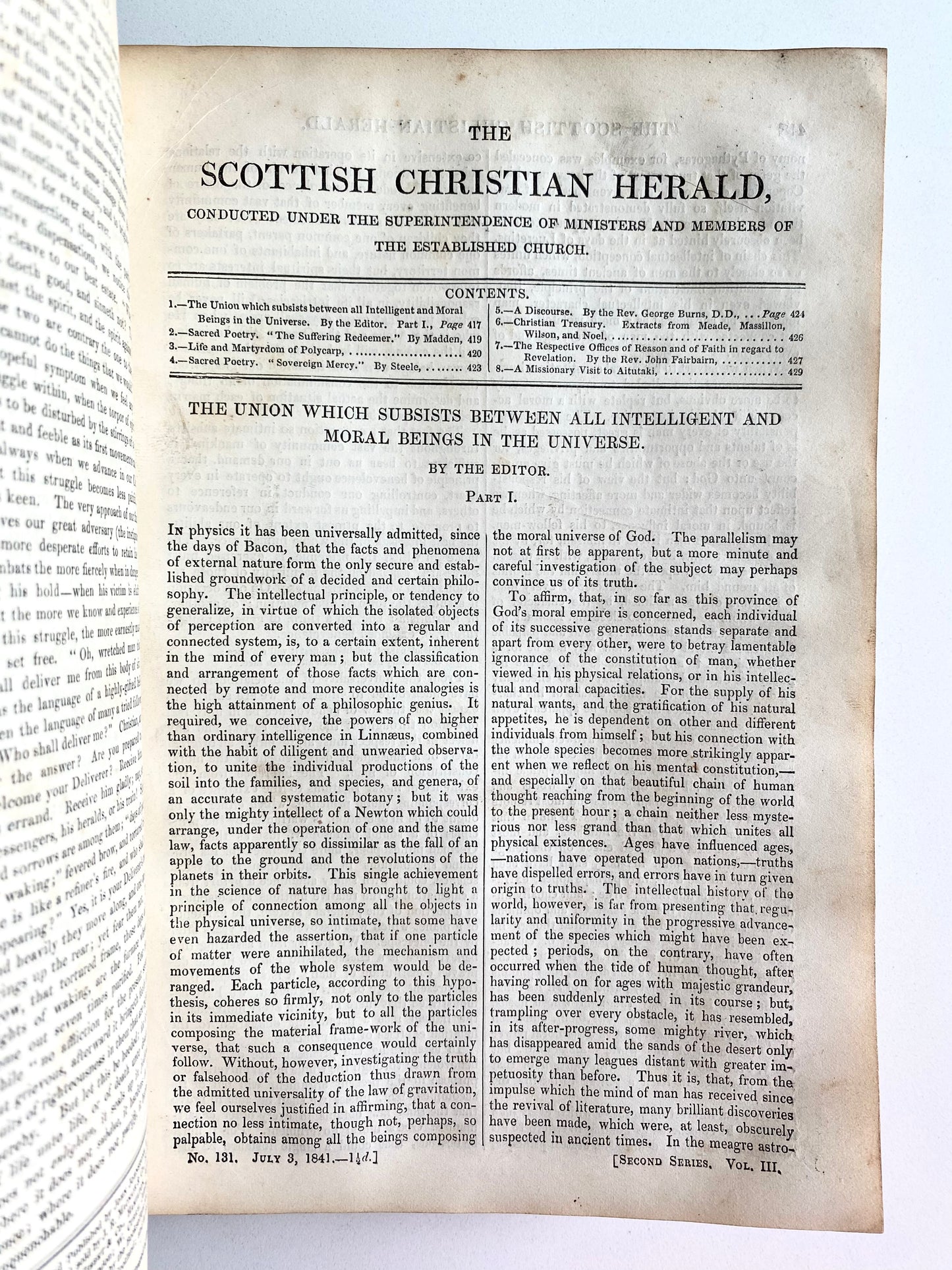 1841 SCOTTISH CHRISTIAN HERALD. Revivals, Missionary Work, Hussites & Waldensians, &c.