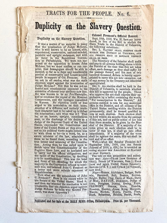 1856 SLAVERY. Duplicity on the Slavery Question - John C. Fremont & Tracts for the People.