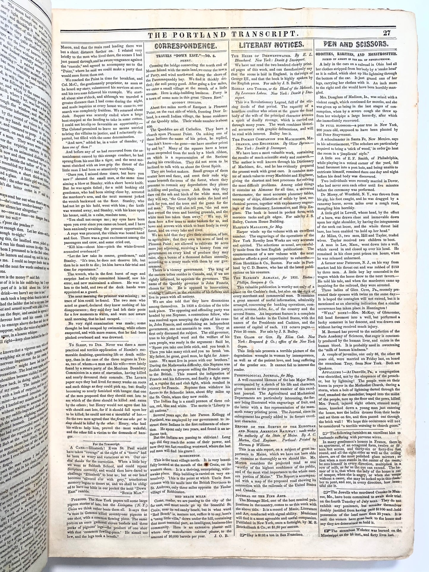 1851 PORTLAND TRANSCRIPT NEWSPAPER. Mormonism, Negros, P. T. Barnum, Spirit Rapping & Ghosts, etc.