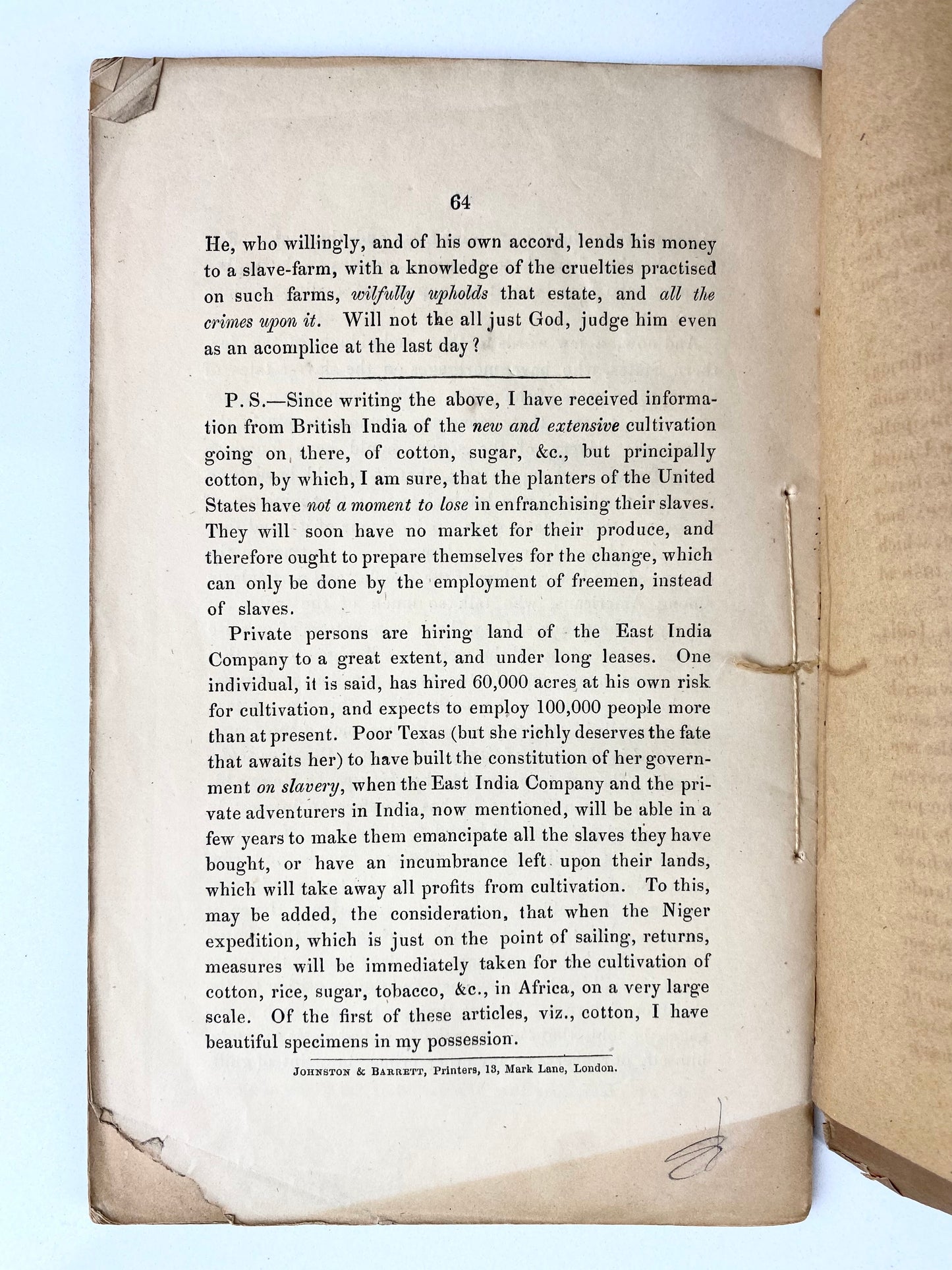 1841 THOMAS CLARKSON. Letter to American Clergy & Southern Slaver-Holders on Evils of Slavery.