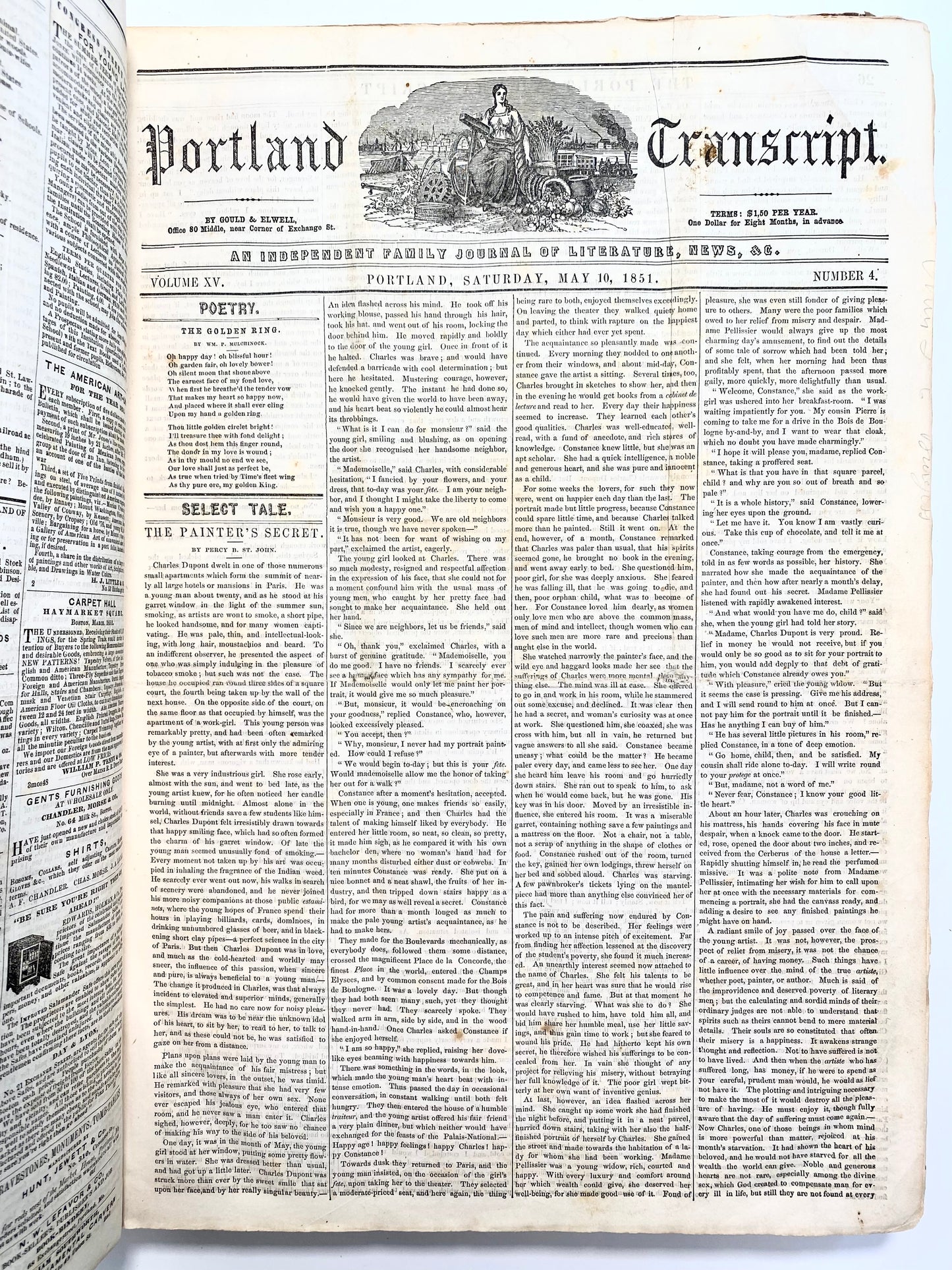 1851 PORTLAND TRANSCRIPT NEWSPAPER. Mormonism, Negros, P. T. Barnum, Spirit Rapping & Ghosts, etc.