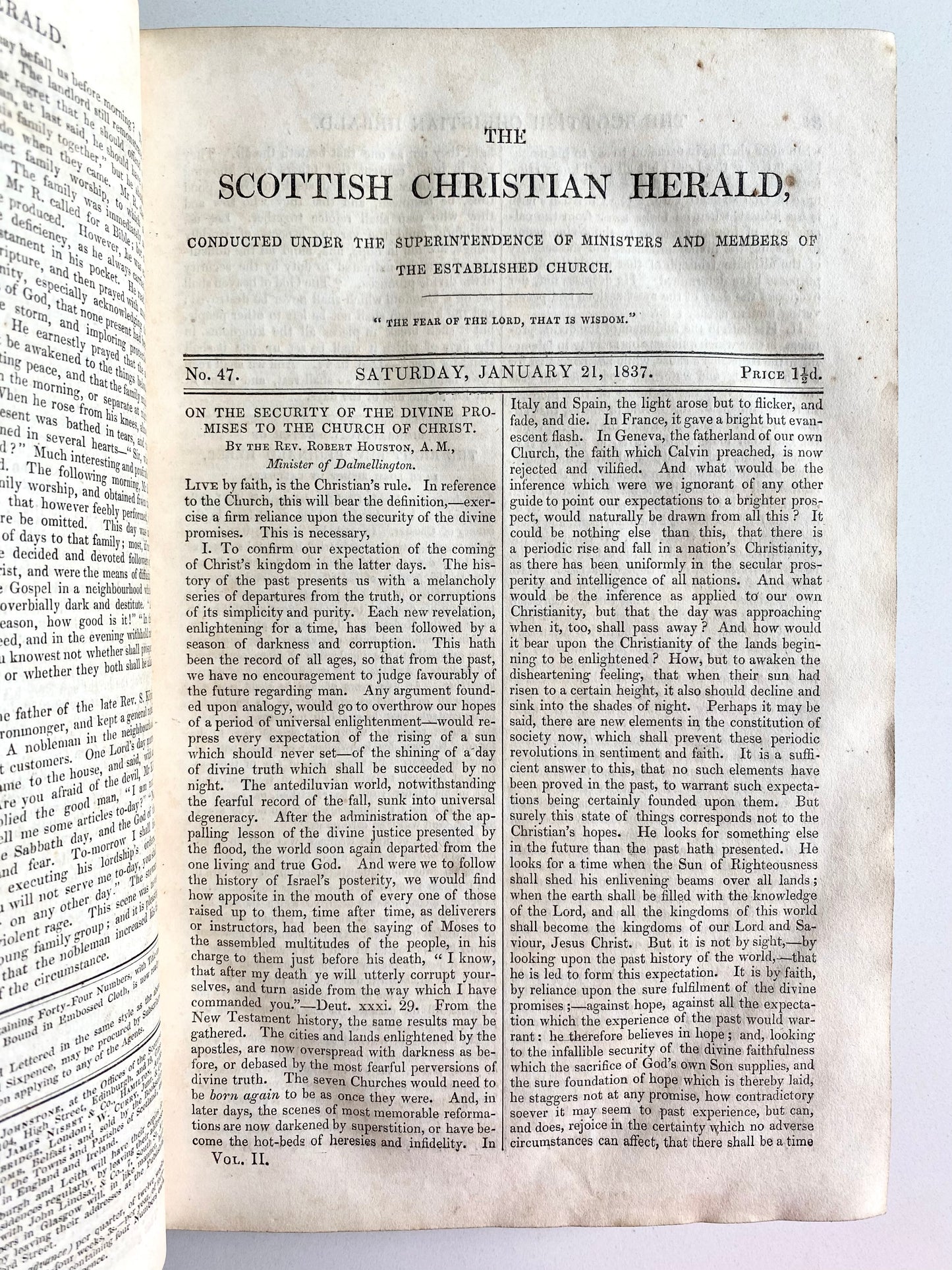 1837 SCOTTISH CHRISTIAN HERALD. Robert Murray M'Cheyne, Jonathan Edwards, Revivals, &c.