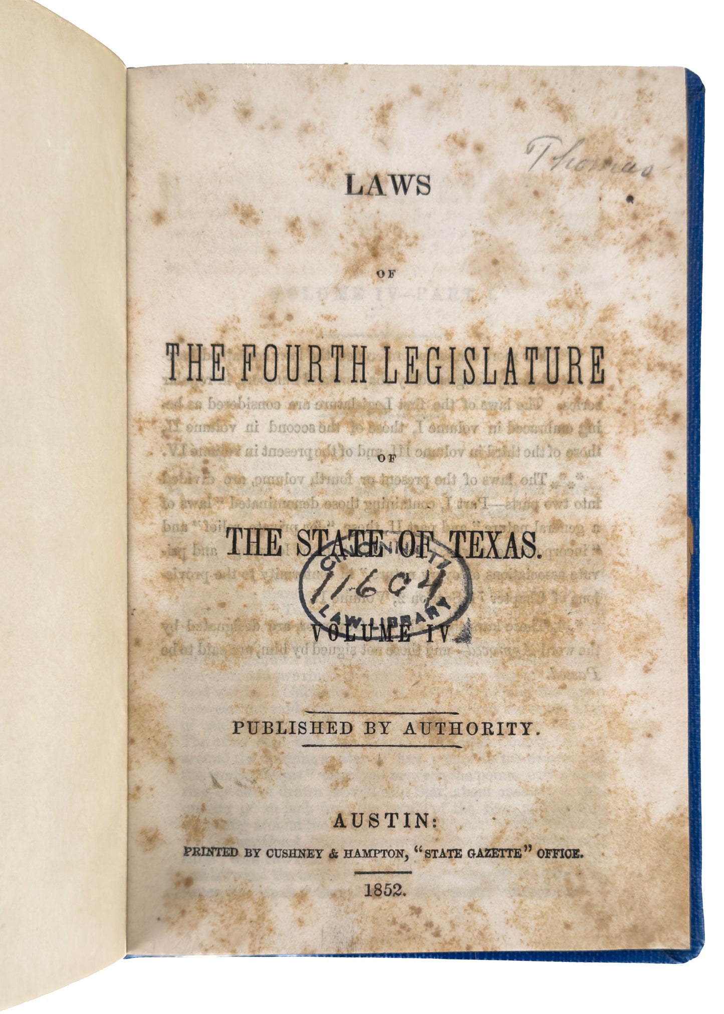 1851-1853 TEXAS & SLAVERY. Rare Group of Four Early Texas Government Works Affecting Slaves.