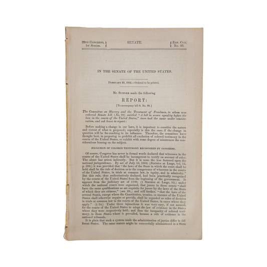 1864 CHARLES SUMNER. Thirteenth Amendment, Slavery and Freedmen Right to Testify in Court.