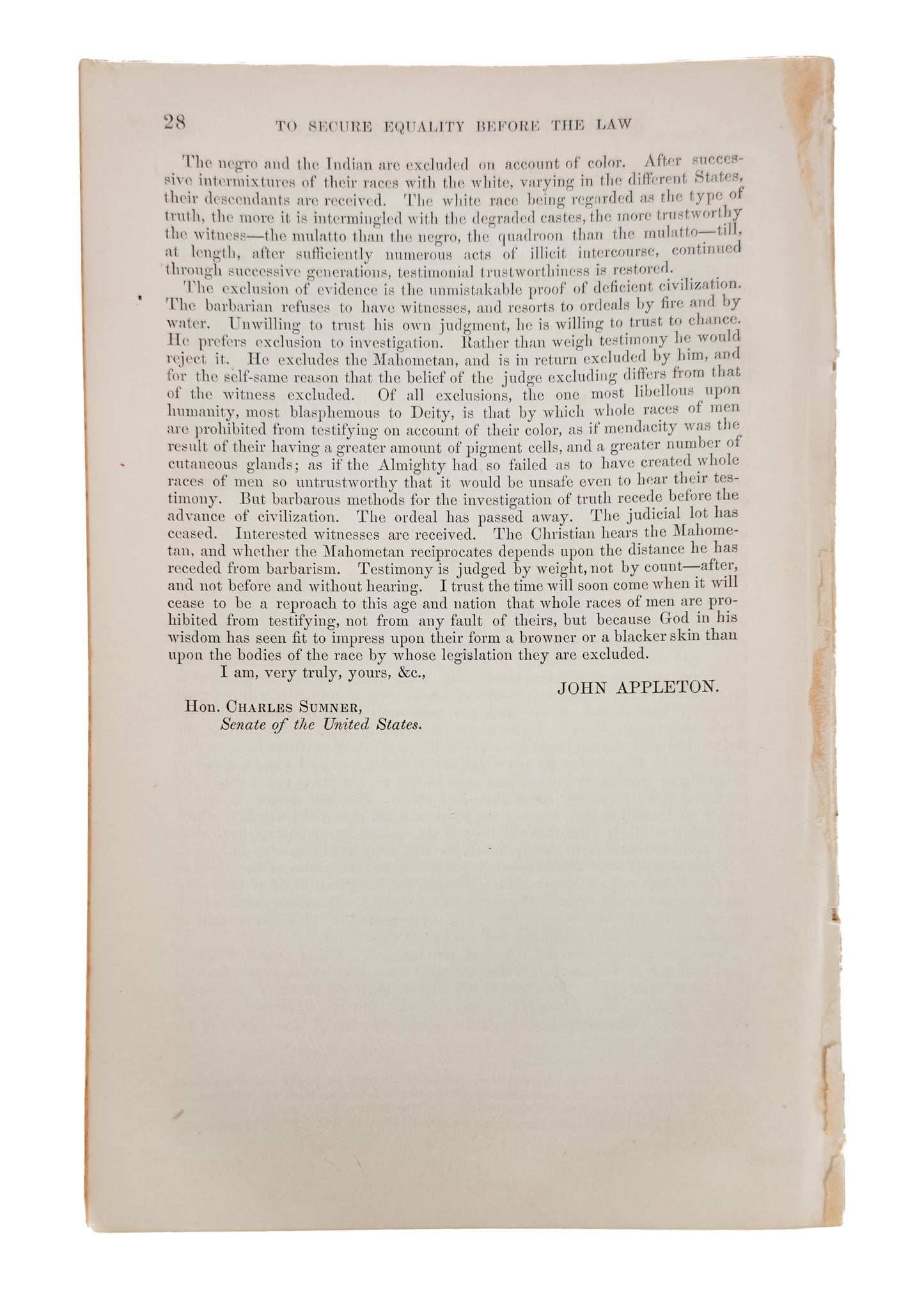 1864 CHARLES SUMNER. Thirteenth Amendment, Slavery and Freedmen Right to Testify in Court.