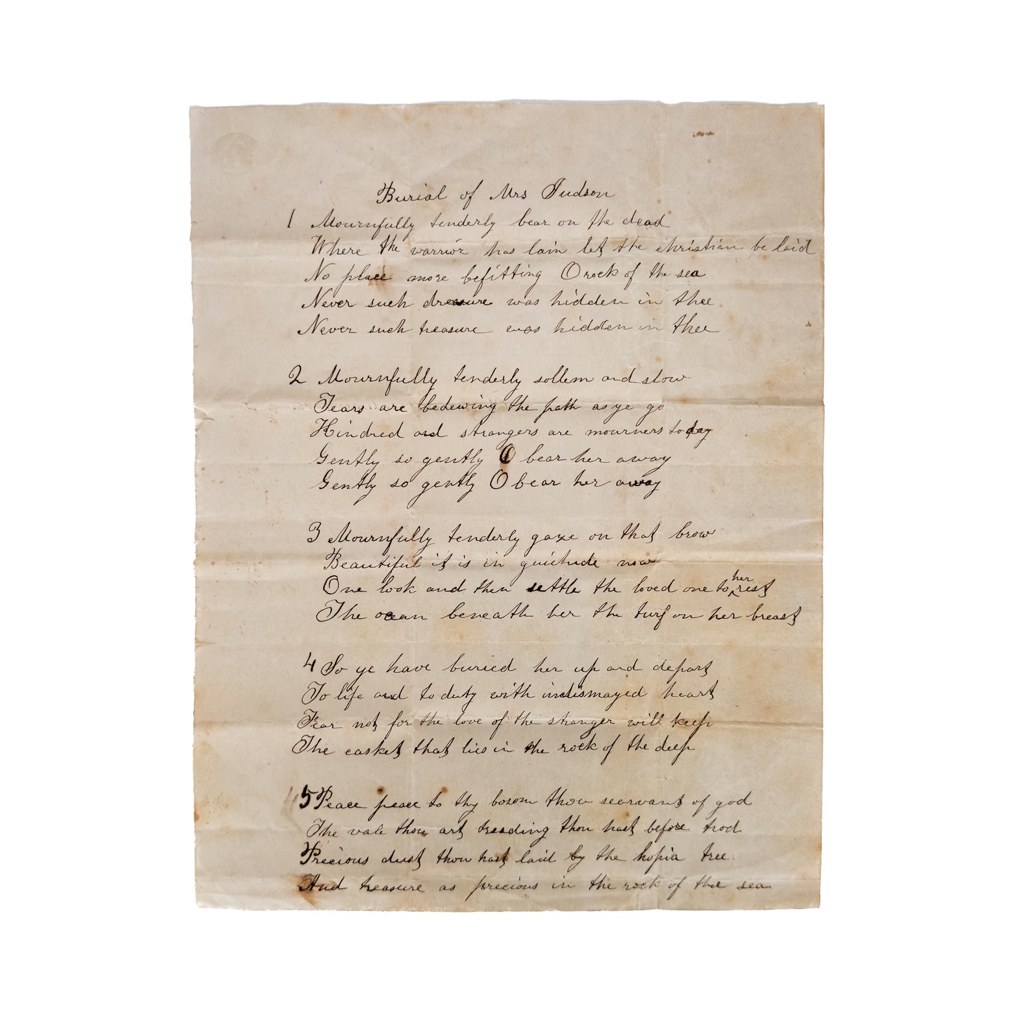 1845 ADONIRAM JUDSON. Original MSs Draft of Death Hymn for Sarah B. Judson by W. H. Washburn.