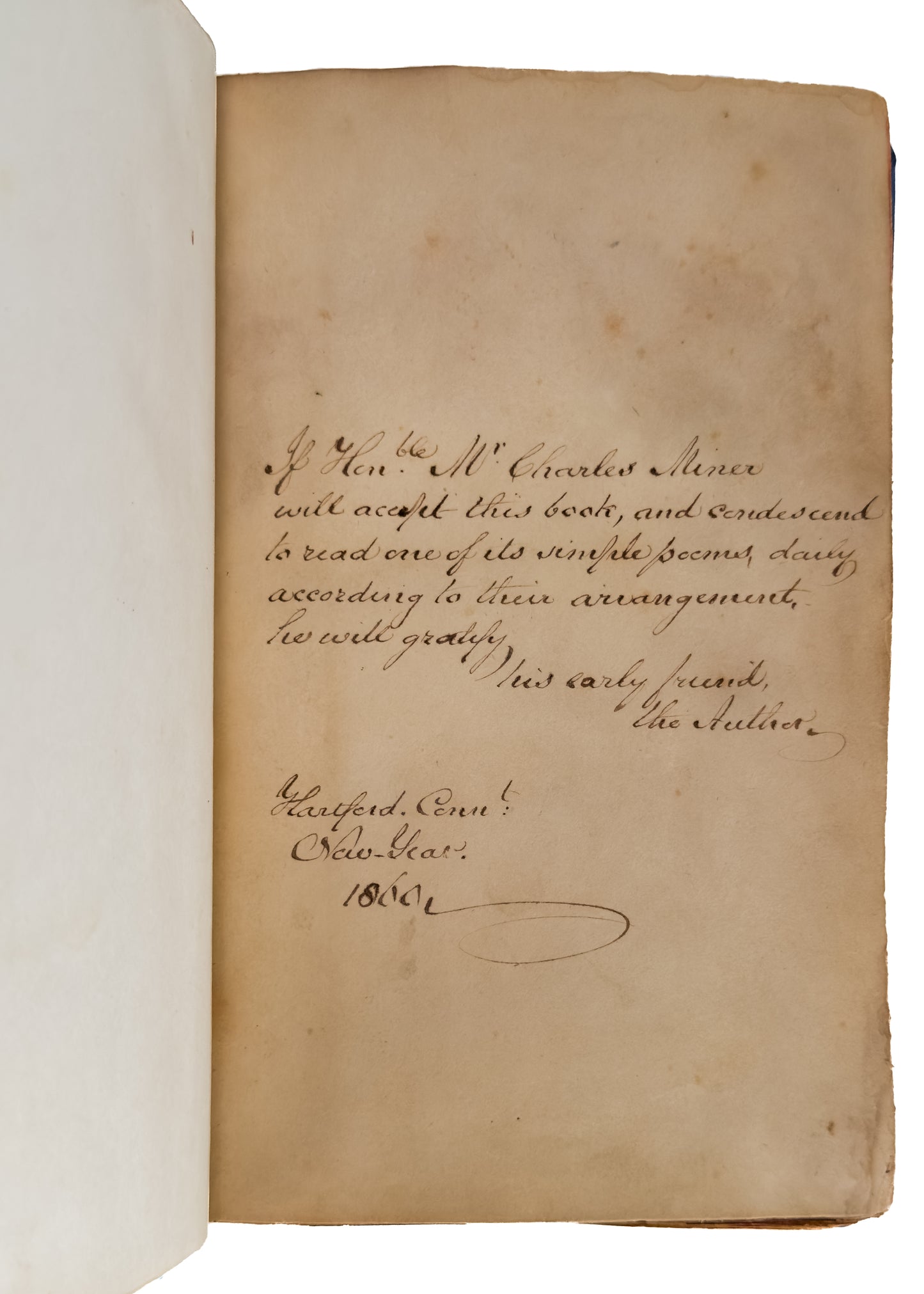 1860 ABOLITION & DEVOTION. L. H. Sigourney Gifts Abolitionist Charles Miner with Book of Devotion.