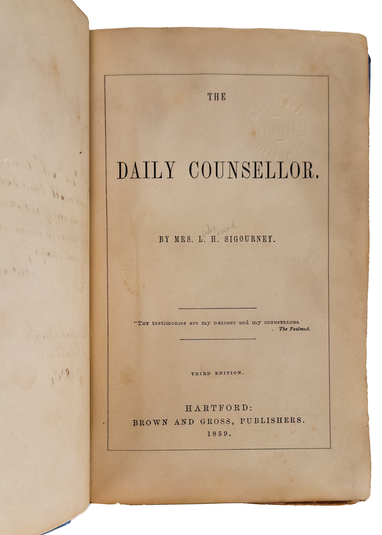 1860 ABOLITION & DEVOTION. L. H. Sigourney Gifts Abolitionist Charles Miner with Book of Devotion.