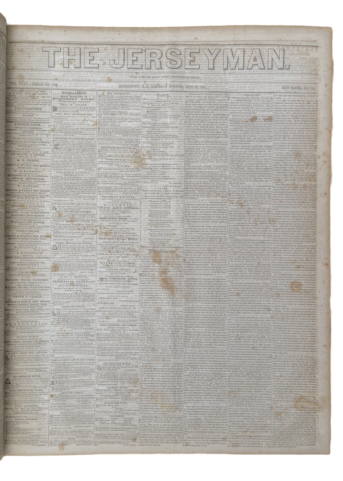 1861 CIVIL WAR. Entire Year of THE JERSEYMAN Newspaper. Abraham Lincoln, Slavery, Confederacy, &c