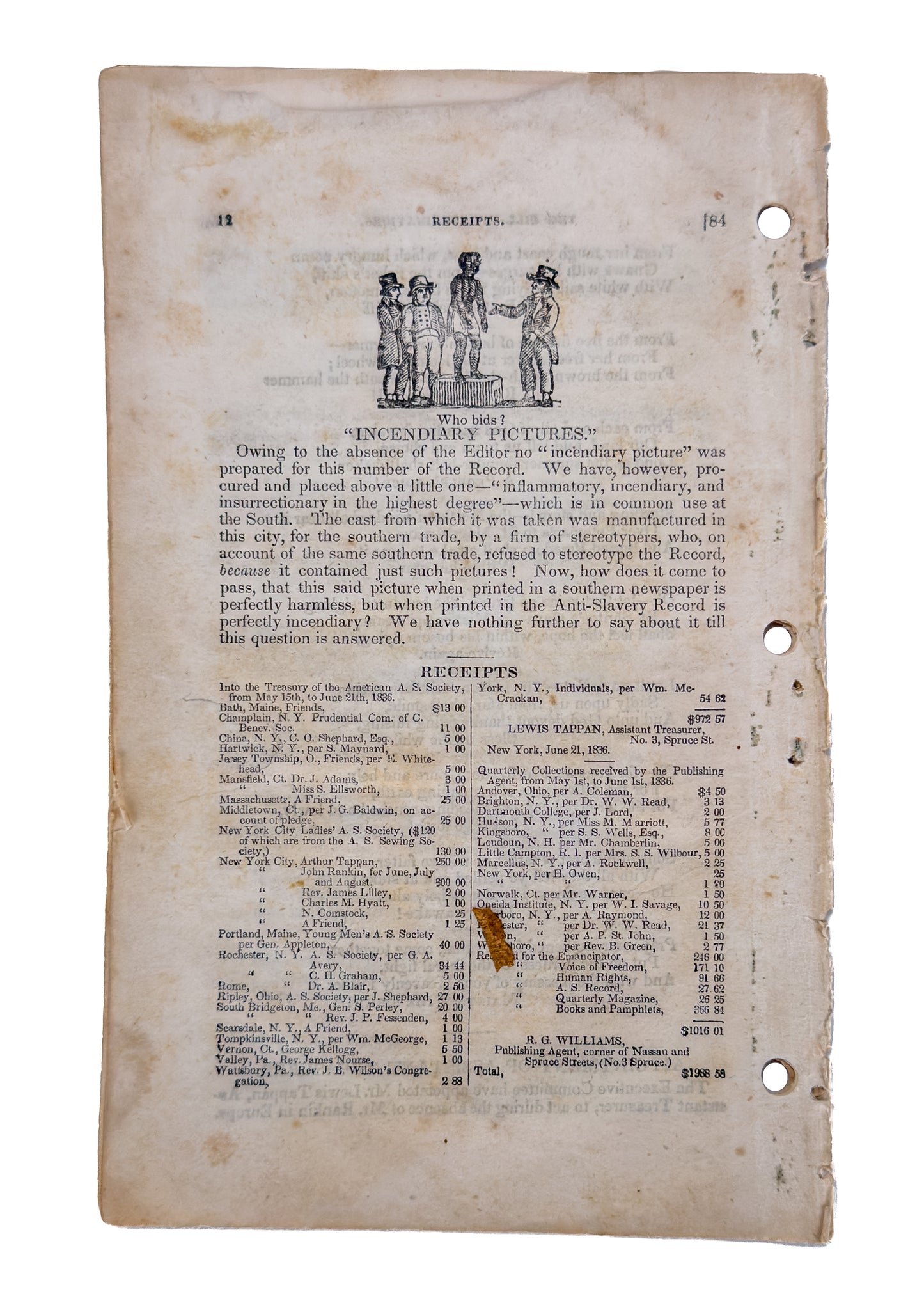 1835 ANTI-SLAVERY RECORD. Five Loose Issues, Including Volume I. No. I. Rare Abolitionist Woodcuts &c.