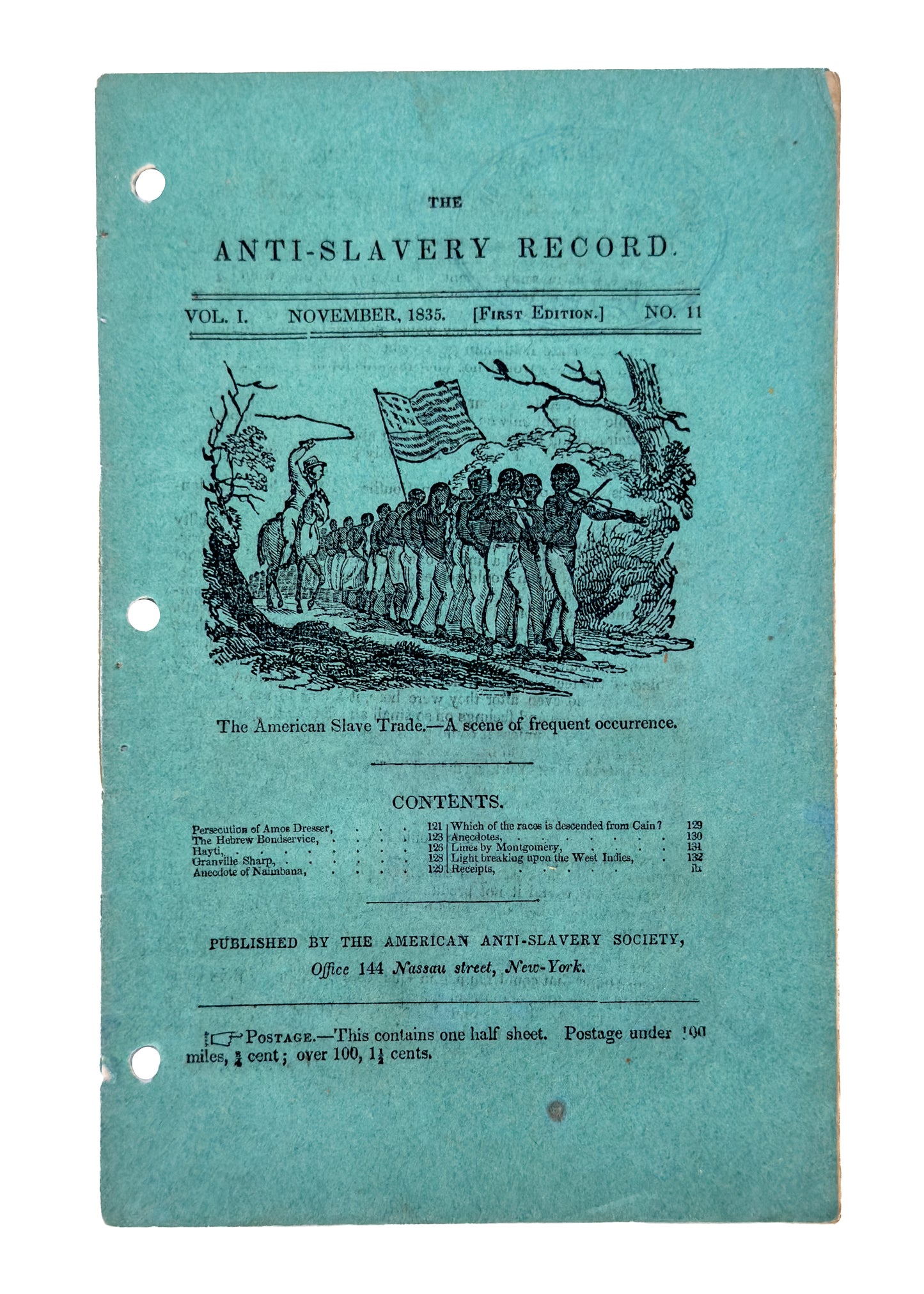 1835 ANTI-SLAVERY RECORD. Five Loose Issues, Including Volume I. No. I. Rare Abolitionist Woodcuts &c.