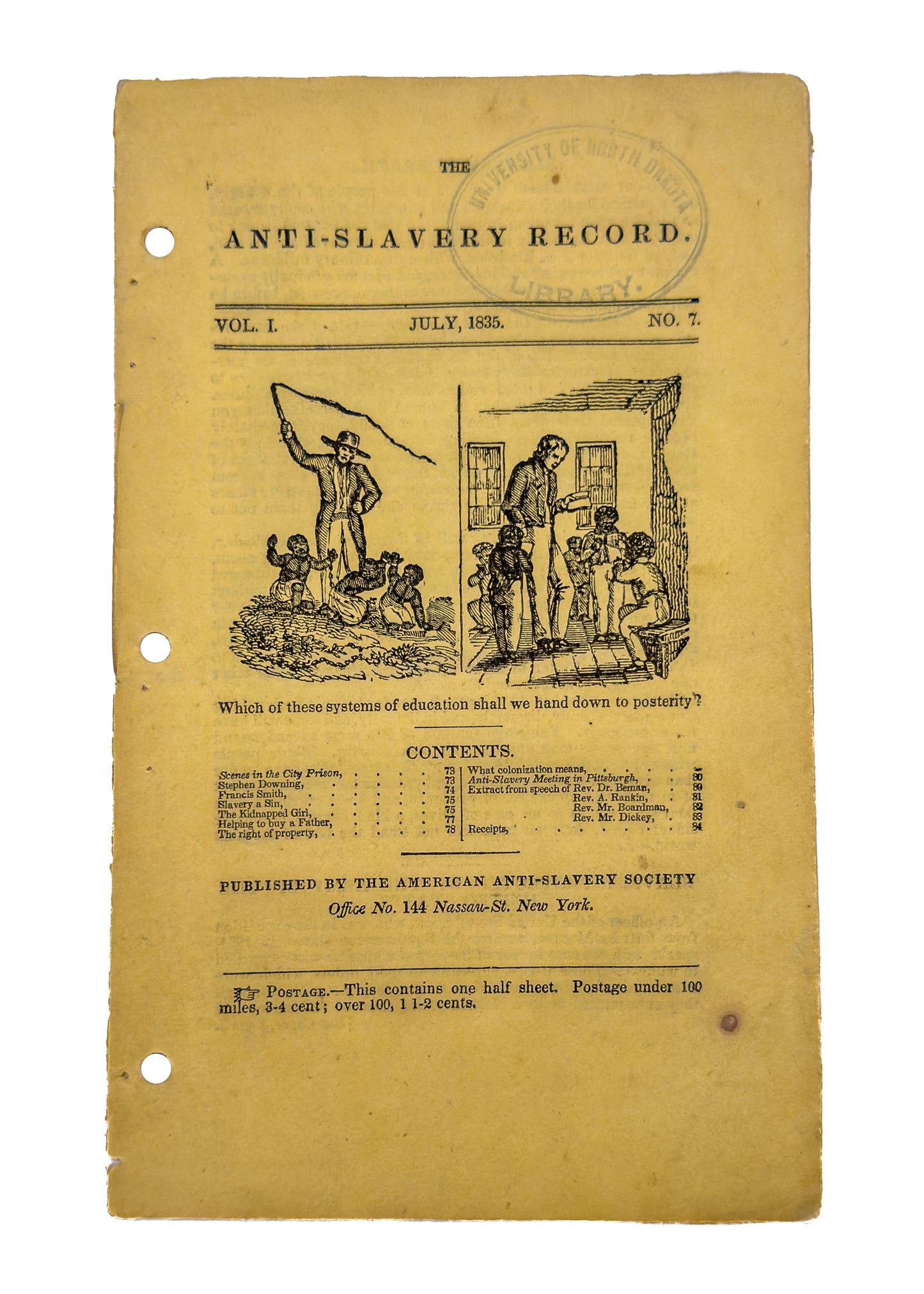 1835 ANTI-SLAVERY RECORD. Five Loose Issues, Including Volume I. No. I. Rare Abolitionist Woodcuts &c.