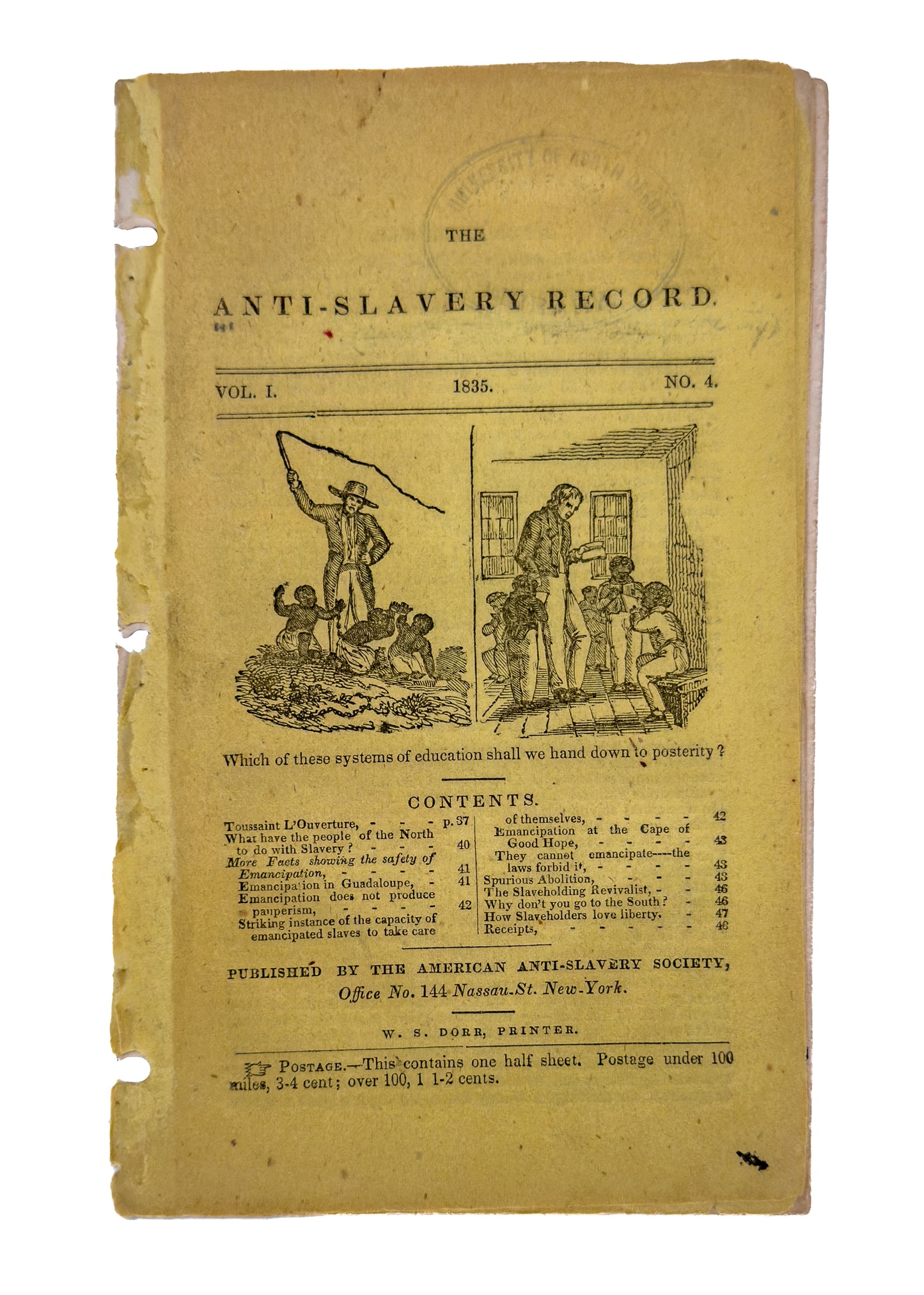 1835 ANTI-SLAVERY RECORD. Five Loose Issues, Including Volume I. No. I. Rare Abolitionist Woodcuts &c.