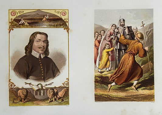 1860-70 JOHN BUNYAN. Rare Unused Color Lithograph Panel of 8 Illustrations for Pilgrim's Progress.