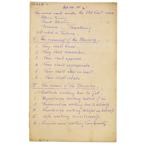 1885 C. H. SPURGEON. An Original Spurgeon Pulpit-Used Sermon Outline on New Covenant in Hebrews 8.10