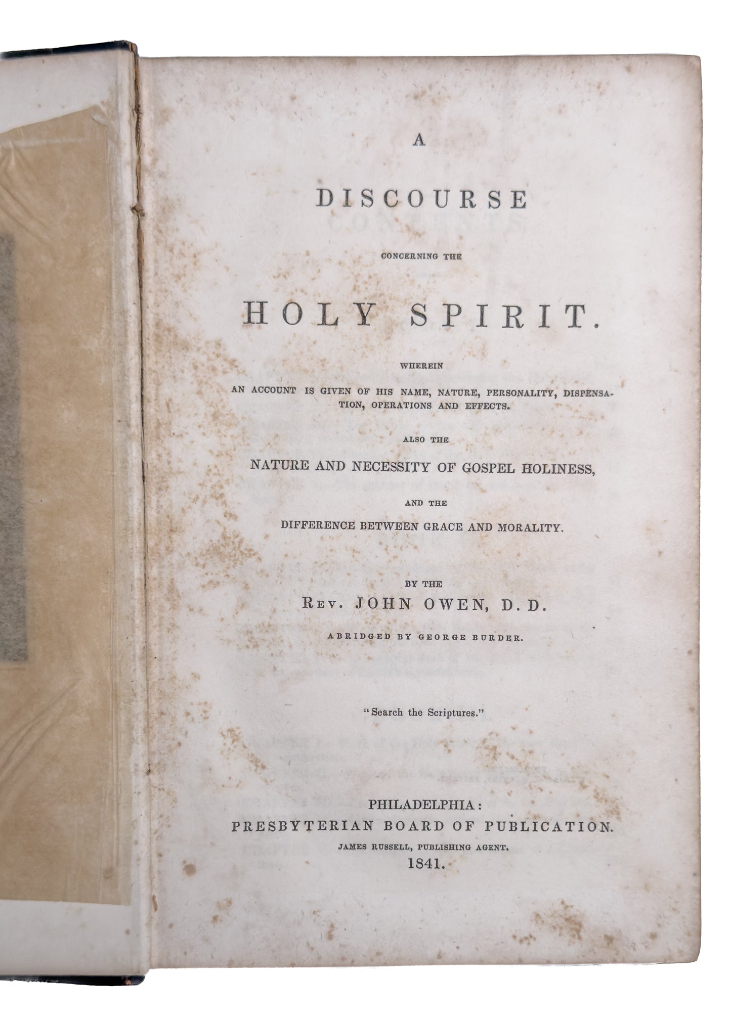 1841 JOHN OWEN. A Discourse Concerning the Holy Spirit. Kentucky Presbyterian Provenance.