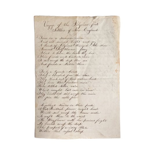 1870 PILGRIMS SETTLE NEW ENGLAND. Unpublished MSs Poem by Presbtyerian, M. A. Depue.