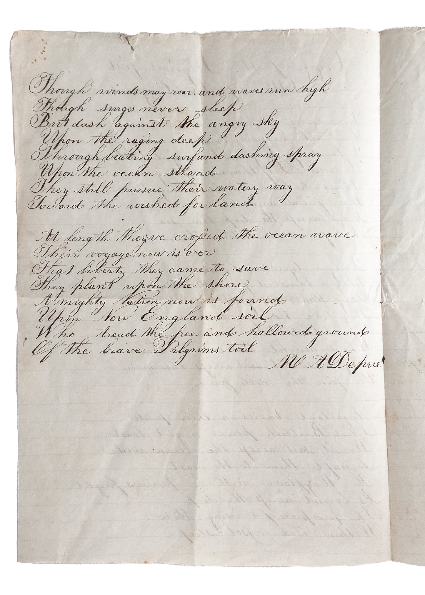 1870 PILGRIMS SETTLE NEW ENGLAND. Unpublished MSs Poem by Presbtyerian, M. A. Depue.