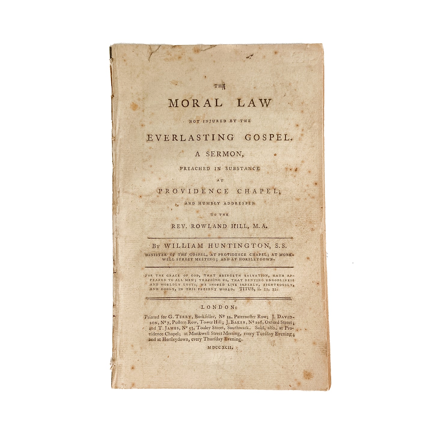 1792 ANTINOMIAN CONTROVERSY. Public Controversy Between Rowland Hill and William Huntington.